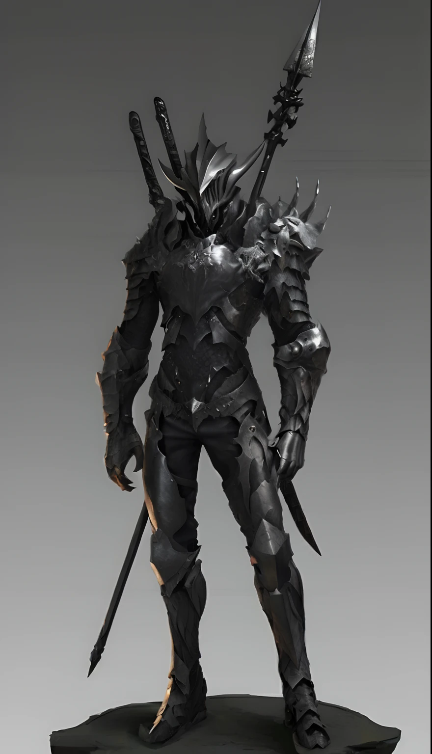 A man in armor, , sharp black armor, Demon armor, Concept armor, dark soul armor concept, Sharp smooth black armor, Fantasy armor, heavy metal armor, demonic dragon inspired armor, fantasy character, concept art of a warrior，Black wings，Dragon scale tail