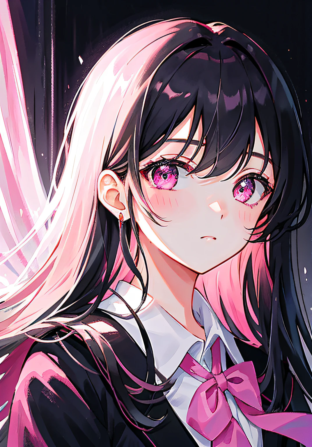 Masterpiece, Best quality, Ultra-detailed, illustration, Portrait, 1girll, black_Hair, Pink eyes, Long hair, school uniform,