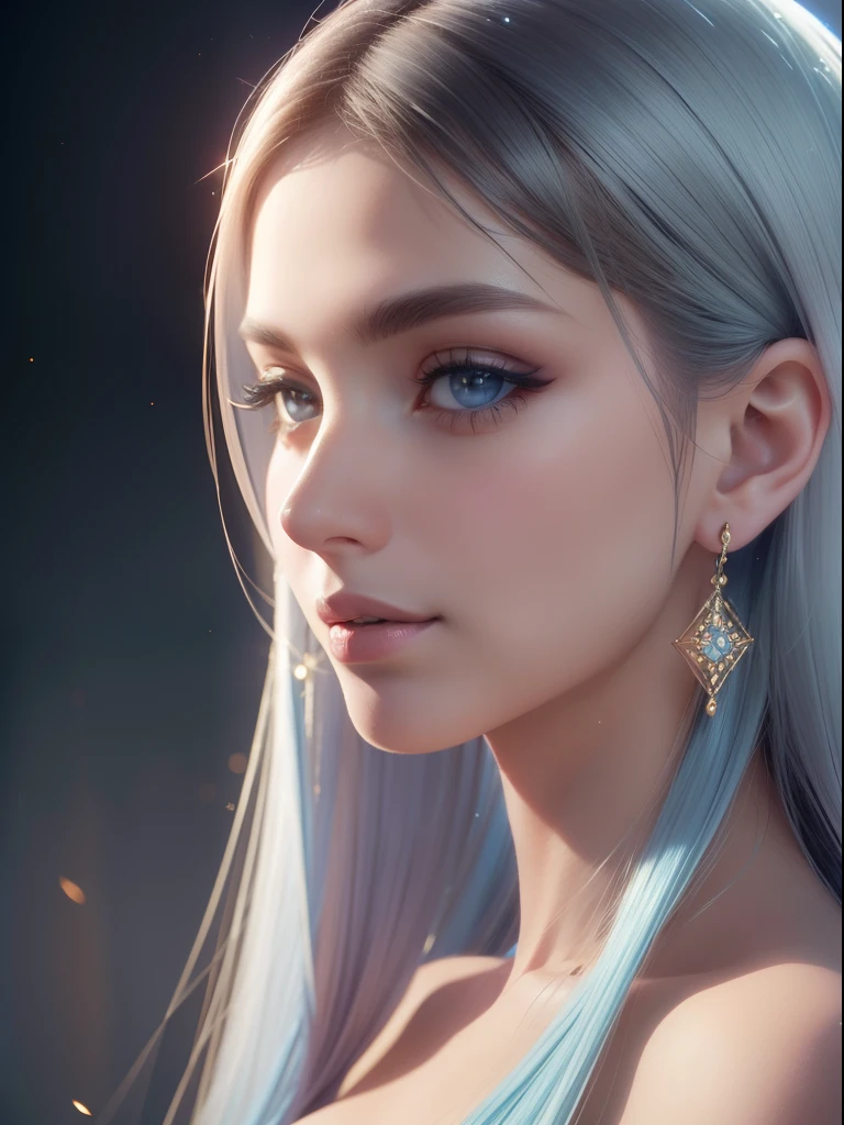 Side view,Persian women, Smile: smooth soft skin, Symmetrical, Natural Skin Texture, Soft lighting, Detailed face, With perfect blue eyes:Realism in one photo, Soft pastel sparkles, Look into the camera, Photorealistic painting, Sharp Focus, 8K, Perfect composition, Trending on ArtStation, award - winning photo, unreal enginee 5, Cinematic Smooth, intricate detailes, studio photo, Highly detailed. Simple background.