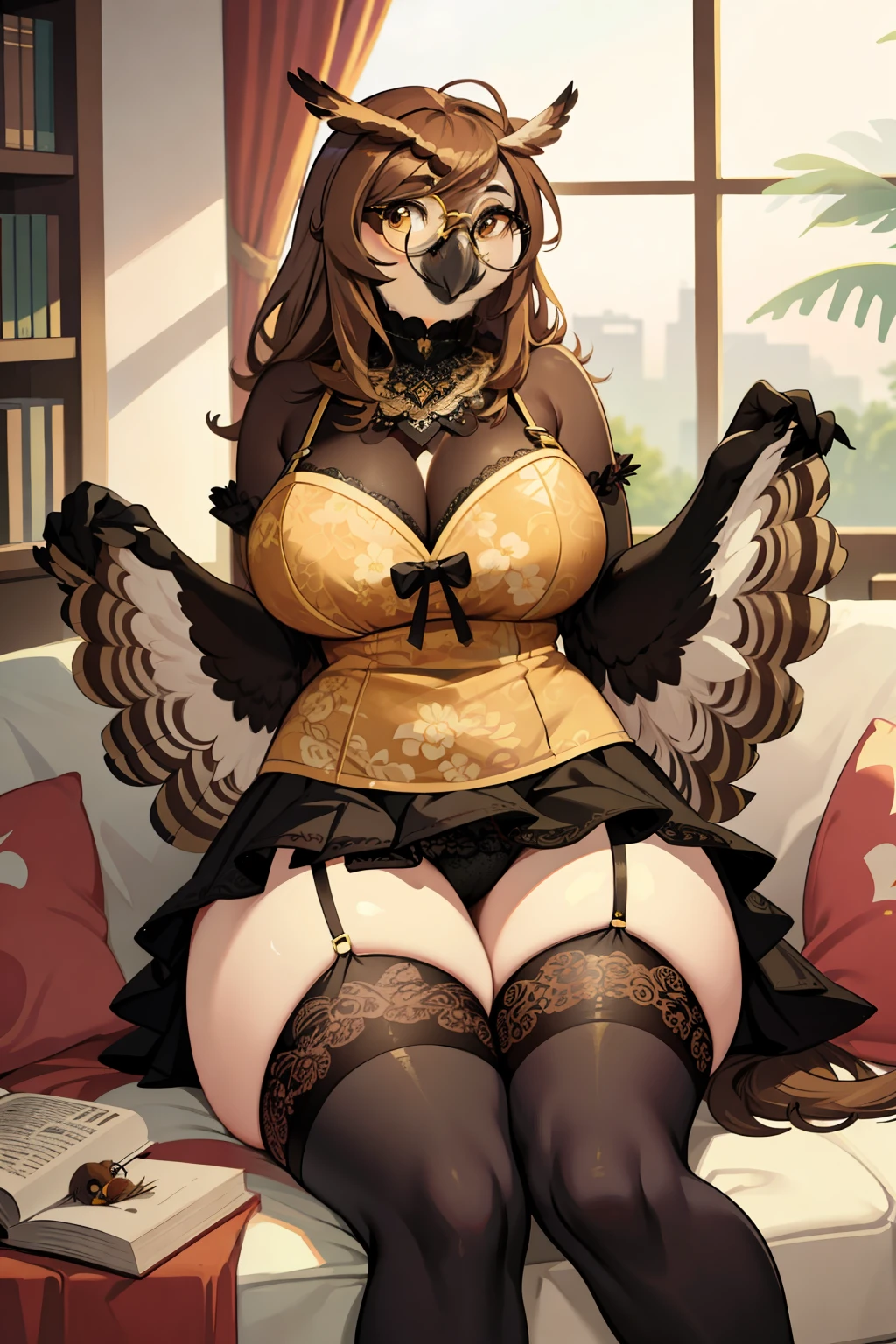 antro (brown owl), winged arms, female, large breasts, beak, round glasses, flowery short dress, large lacy panties, wide hips, fat body, huge thighs, huge ass, rear view, lying on a sofa, library background, realistic lighting, top, bottom, embarrassed smile