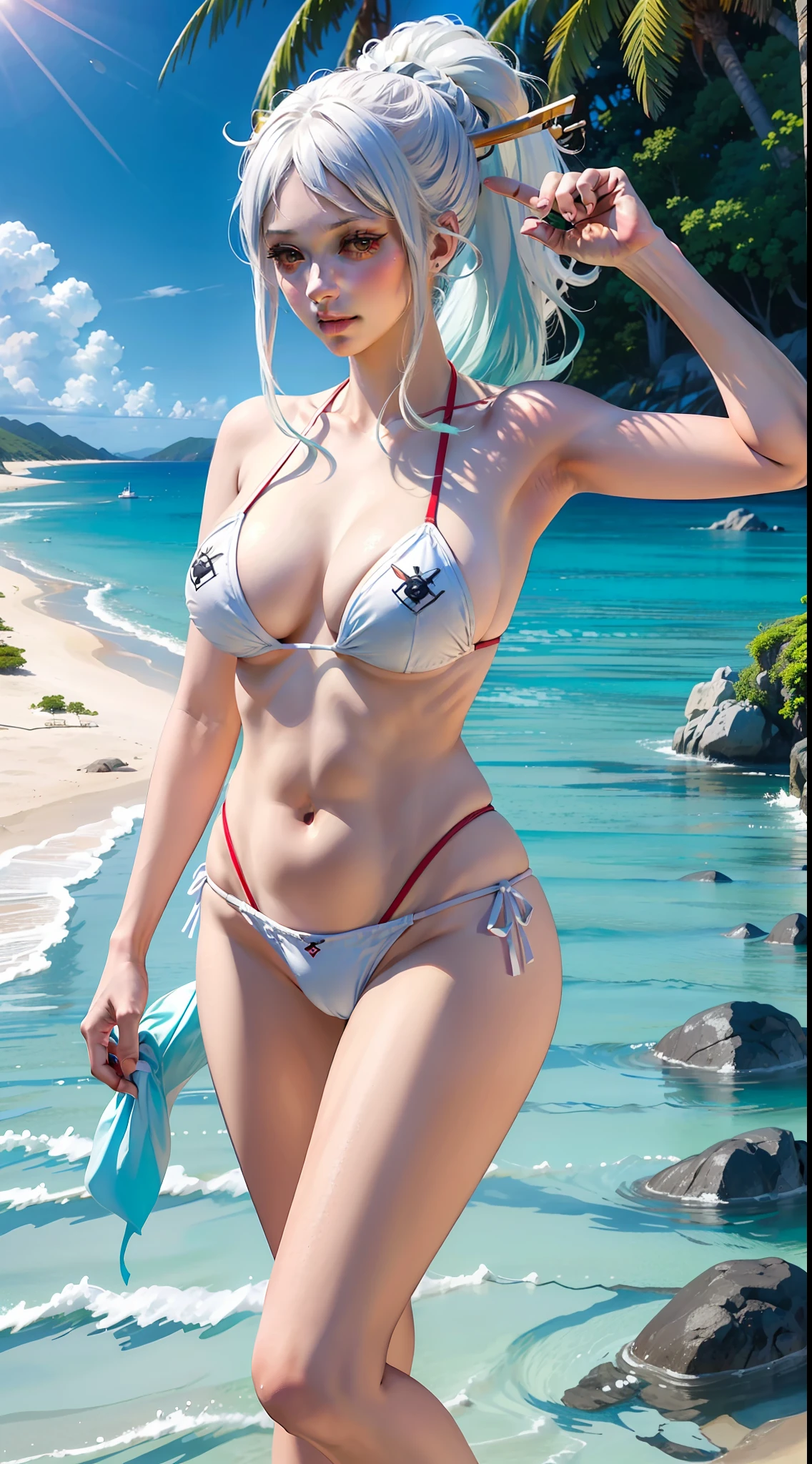 yamato from anime one piece, white hair, light blue tips, ponytail hair, perfect body, perfect breasts, beautiful woman, stunningly beautiful, wearing a beach bikini, red bikini, being on the beach, coconut trees, Realism, masterpiece, skin textured, super detailed, high detailed, high quality, best quality, 1080P, HD, 16k