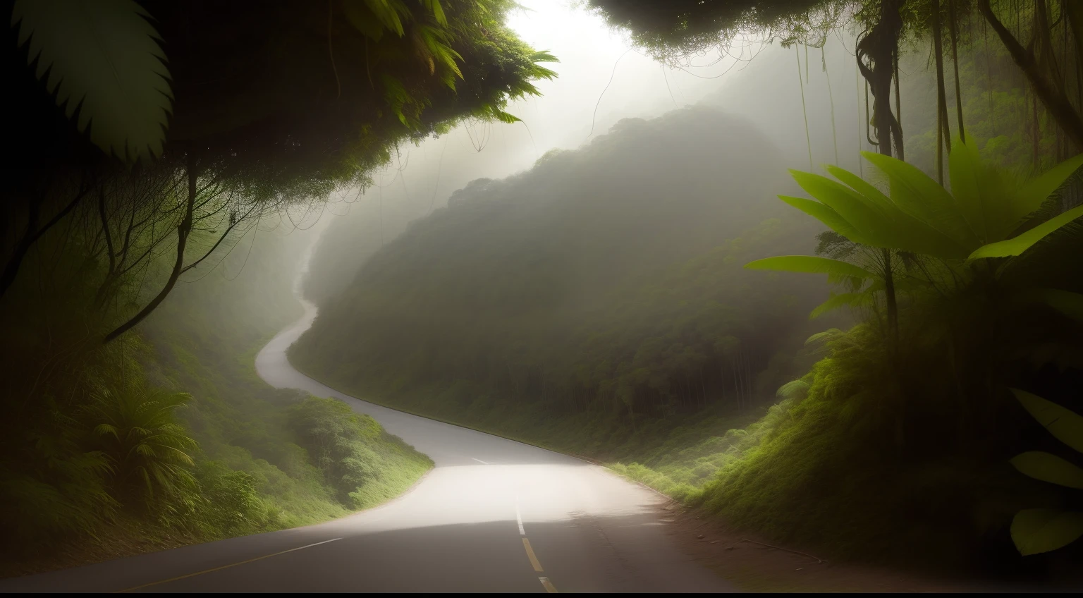 A scenic hill road view in a jungle, photo taken from a helicopter