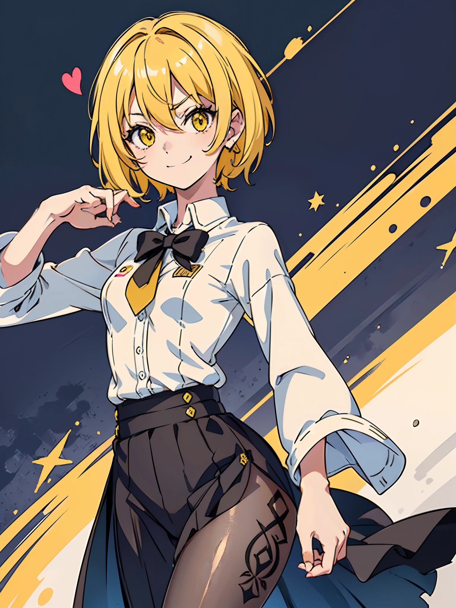 19 year old girl, (masterpiece, sidelighting, finely detailed beautiful eyes: 1.2), ((best quality)), ((masterpiece)), (highly detailed:1.3), anime, loli girl, small chest, childish body, (yellow eyes, excited eyes, star pupils), (smug smirk, cheerful smile, fang), (short-medium hair, golden blonde hair, messy haircut), (detailed drawn hands, finely drawn fingers), yellow tatto on left hand, heart tatto on cheek, solo, cull body, hyperdetailed painting, 4k resolution, octane render, intricately detailed, hand drawn, casual everyday clothes,