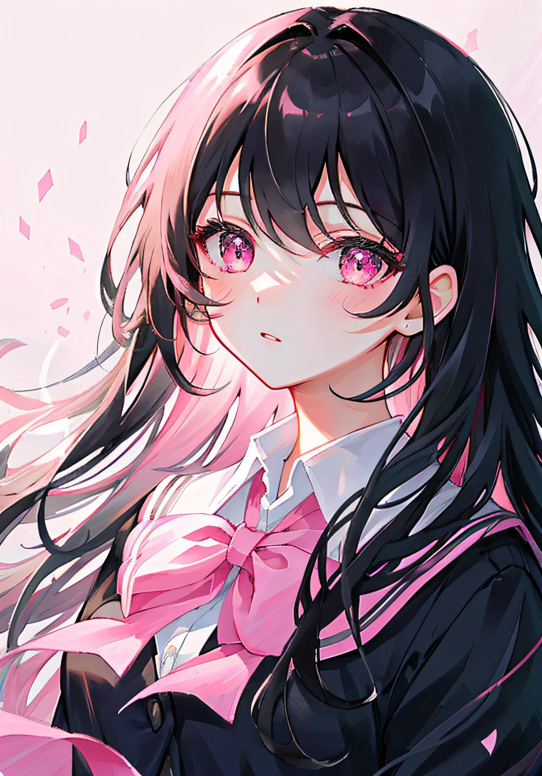 Masterpiece, Best quality, Ultra-detailed, illustration, Portrait, 1girll, black_Hair, Pink eyes,  Long hair,  school uniform,