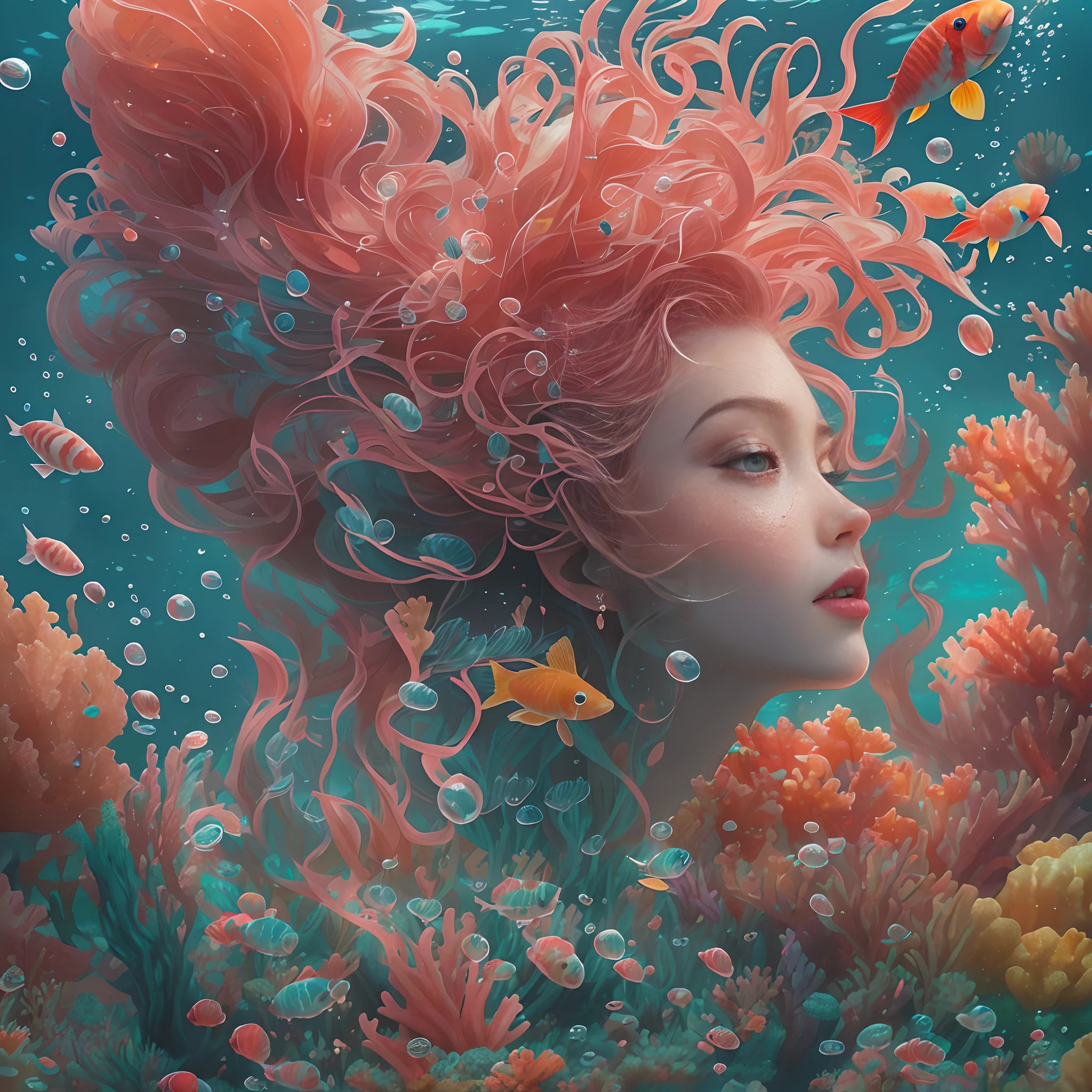 ModelShoot style, (Extremely detailed Cg Unity 8K wallpaper), A chaotic storm of intricate liquid smoke in the head, Stylized abstract photo of mermaid, wetted skin,Koi，Beautiful koi，Flocks of koi,carp，Strange shaped corals，ocean floor，Beautiful coral reef in the background，Rochas,Marine life，colorful coral reef,Decorate with coral reefs,author：Petros Afshar, ross tran, tom whalen, Peter Mohrbacher, Art germ, ((bubbly underwater scenery)) Radiant light octane rendering is highly detailed, inspired by Yanjun Cheng, Beautiful digital artwork, Guviz-style artwork, 8K highly detailed digital art, Beautiful digital illustration, Cute detailed digital art, stunning digital illustration, A beautiful artwork illustration, Exquisite digital illustration,8K detailed digital art,
Warming up