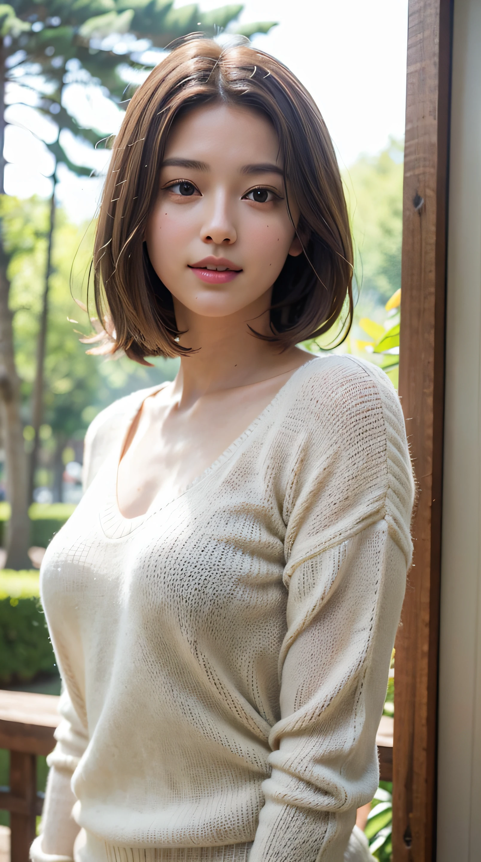 (Raw photo, Best Quality), (Realistic, Photorealsitic:1.3), masutepiece, Extremely delicate and beautiful, Soft light, (Brown hair,Bob Hair, layers-Cut), Beautiful detailed girl, (Detailed fingers), extremely detailed eye and face, beautiful detailed nose, Beautiful detailed eyes, 1 girl, Japanese, Neat and clean beauty, Cute, 年轻, Smile, Sweaters, (Half body:1.3), (medium breasts), Realistic face, Realistic body, Outdoors