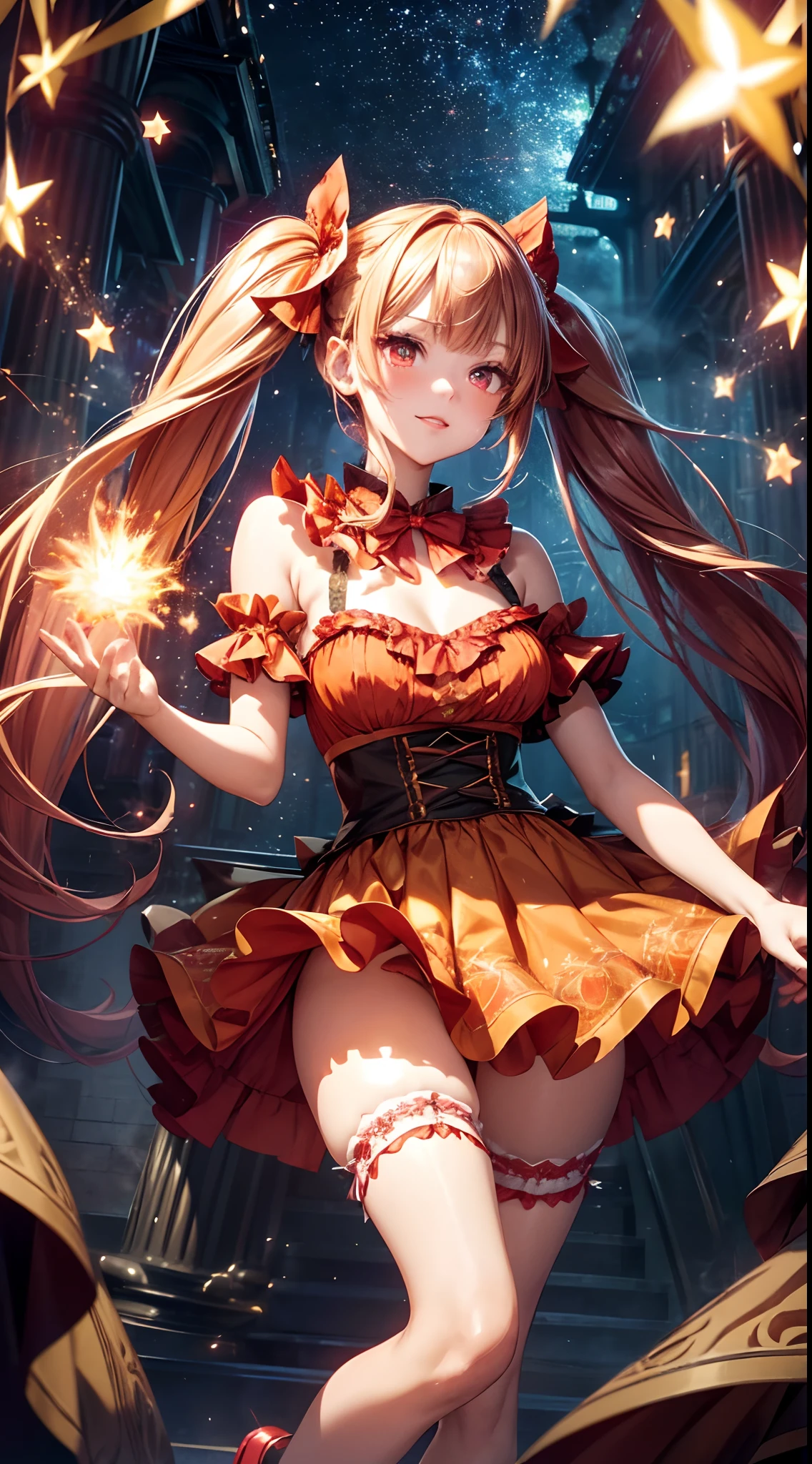 (fullbody, legs and shoes visible: 1.2)) expressive eyes, woman, pale skin, long hair, windblown hair, ((long hair)), long sidelocks, hime bangs, hair fringe, hair bun, ((long twintails)), flaming hair, red hair, blushing, full face blushing, big sparkling glowing red eyes, (gradient eyes), open mouth smile, cute pose,
flowy flaming dress, ((scarlet multicolored open dress)), (mist), orange ruffles, yellow frills, (light red lace), detached short sleeves, puffy skirt, ((fire and stars print skirt : 1.3)), lolita skirt, dark red bows, ((pompon ribbons hair ornament : 1.4)), multiple bows, striped lace stockings, (heart shaped leg garter), cute (dark orange) shoes ((hyperdetailed clothing and fashion)) looking at you, vintage girl, blushing, (beautiful detailed eyes), (extremely detailed CG unity 8k wallpaper) (best shadow), ((an extremely delicate and beautiful)), (detailed light), ((depth of field)) big head, big sparkling eyes, moe, splash art, cinematic lighting, frontal view, volumetric lighting maximalist photo illustration 64k resolution high res intricately detailed complex key visual precise linear
((in the dark palace background, surrounded by smoking hot sparks, shooting stars)) ((hyperdetailed scenery, foggy, darkness : 1.3))