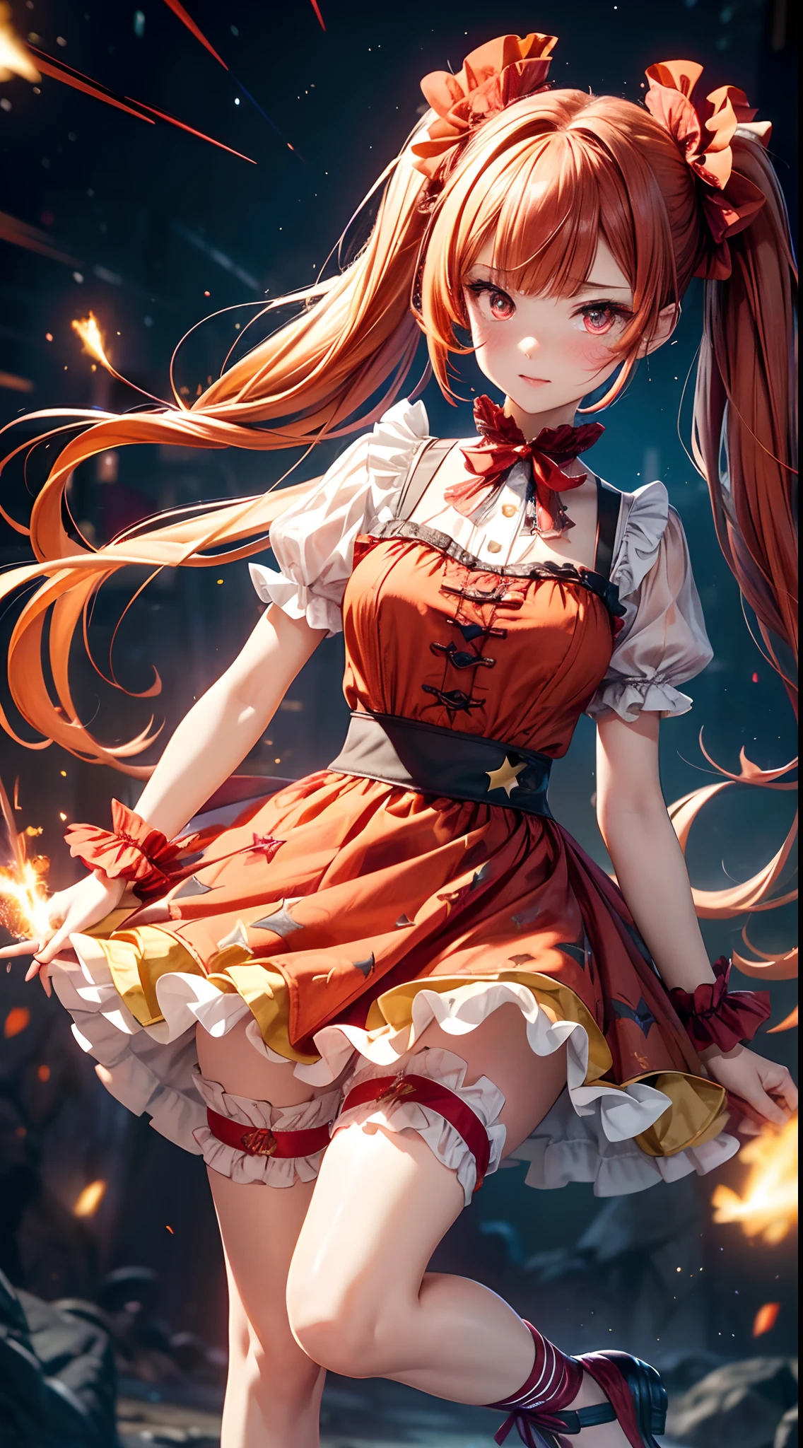 (fullbody, legs and shoes visible: 1.2)) expressive eyes, woman, pale skin, long hair, windblown hair, ((long hair)), long sidelocks, hime bangs, hair fringe, hair bun, ((long twintails)), flaming hair, red hair, blushing, full face blushing, big sparkling glowing red eyes, (gradient eyes), open mouth smile, cute pose,
flowy flaming dress, ((scarlet multicolored open dress)), (mist), orange ruffles, yellow frills, (light red lace), detached short sleeves, puffy skirt, ((fire and stars print skirt : 1.3)), ta skirt, dark red bows, ((pompon ribbons hair ornament : 1.4)), multiple bows, striped lace stockings, (heart shaped leg garter), cute (dark orange) shoes ((hyperdetailed clothing and fashion)) looking at you, vintage girl, blushing, (beautiful detailed eyes), (extremely detailed CG unity 8k wallpaper) (best shadow), ((an extremely delicate and beautiful)), (detailed light), ((depth of field)) big head, big sparkling eyes, moe, splash art, cinematic lighting, frontal view, volumetric lighting maximalist photo illustration 64k resolution high res intricately detailed complex key visual precise linear
((in the dark palace background, surrounded by smoking hot sparks, shooting stars)) ((hyperdetailed scenery, foggy, darkness : 1.3))