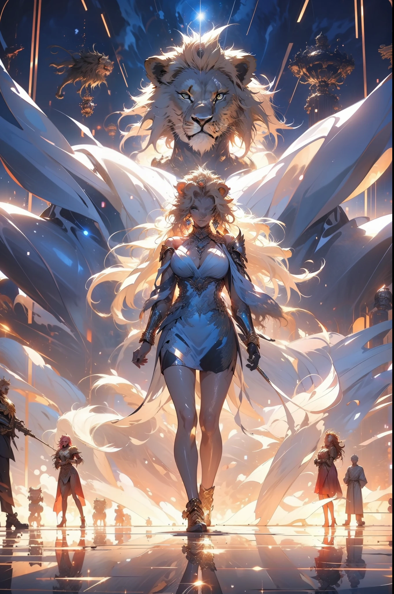 (((the Lion))),the Lion,((Behind it is a huge lion)),A woman of outstanding figure,Wear a nice miniskirt,Leaking out of both shoulders,jewely,Amazing work,Vitreous luster,clean backdrop,High gloss,blue colors,In pink,cyan colors,red colour
