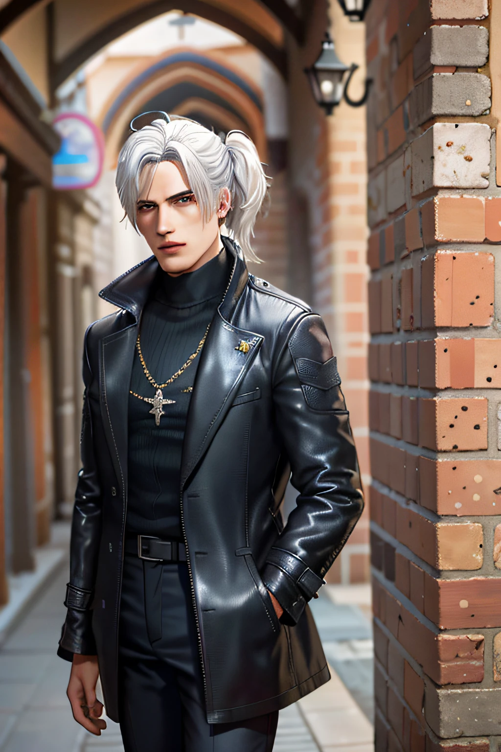 Anime - A man with white hair and a black jacket, 《Devil May Cry》Virgil, vergil, son of sparda, dark grey haired man, full-cosplay, white haired Cangcang, xqc, he has dark grey hairs, a silver haired mad, Geralt de Rivia, wearing cyberpunk leather jacket, White-haired, As a character in Tekken，