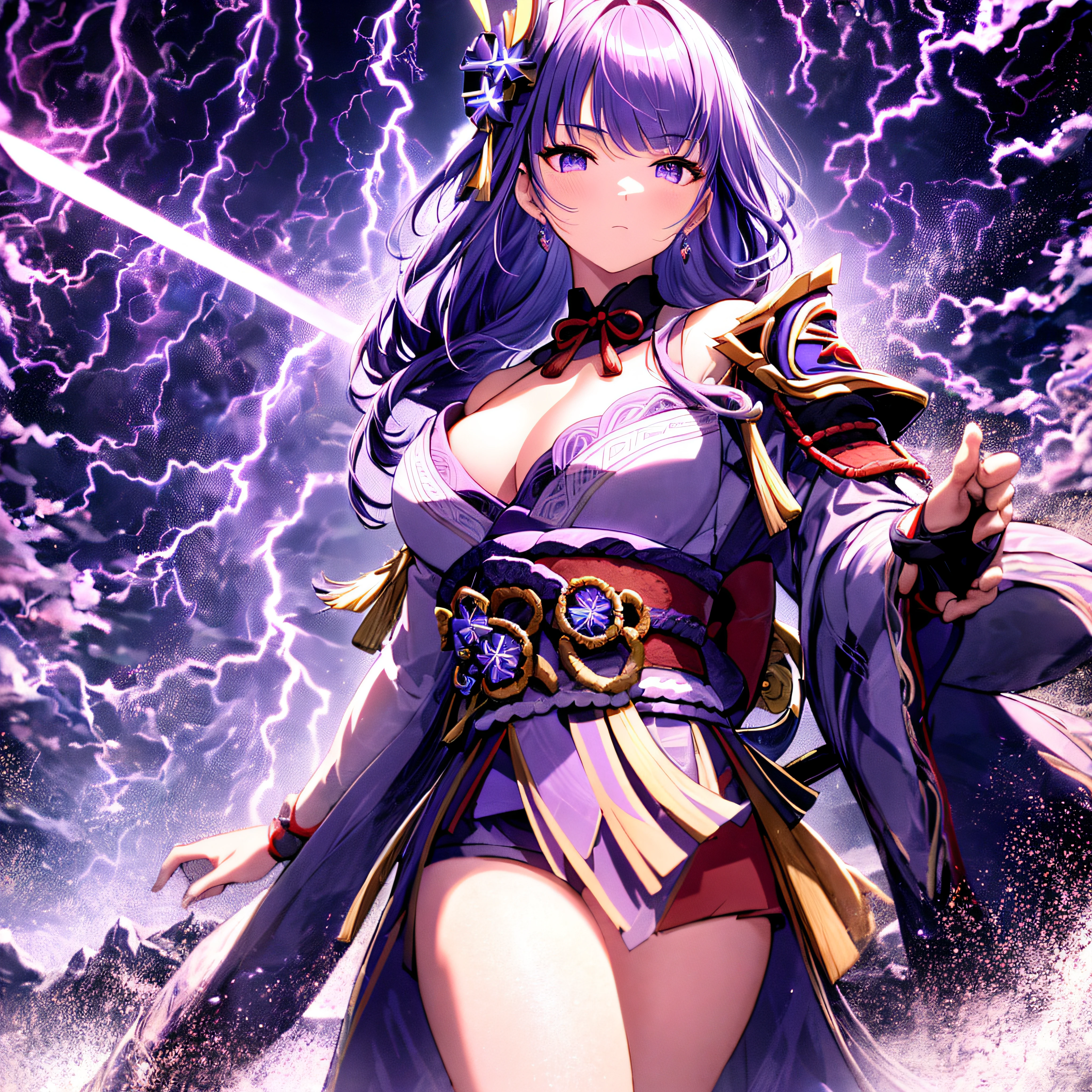 Create a breathtaking artwork capturing the enigmatic beauty and power of the character Raiden Shogun from Genshin Impact. Portray her standing atop the divine lightning, her ceremonial attire flowing majestically as she wields her polearm 'Musou Shinsetsu.' The backdrop should showcase the ephemeral splendor of the Inazuma landscape, with thunderstorms illuminating the horizon and the emblematic Shogun's palace faintly visible in the distance. Let the artwork evoke a sense of both reverence and mystery, capturing the essence of Raiden Shogun's character in all its glory, lightning sword, lightning, in the mountain, blue sky.