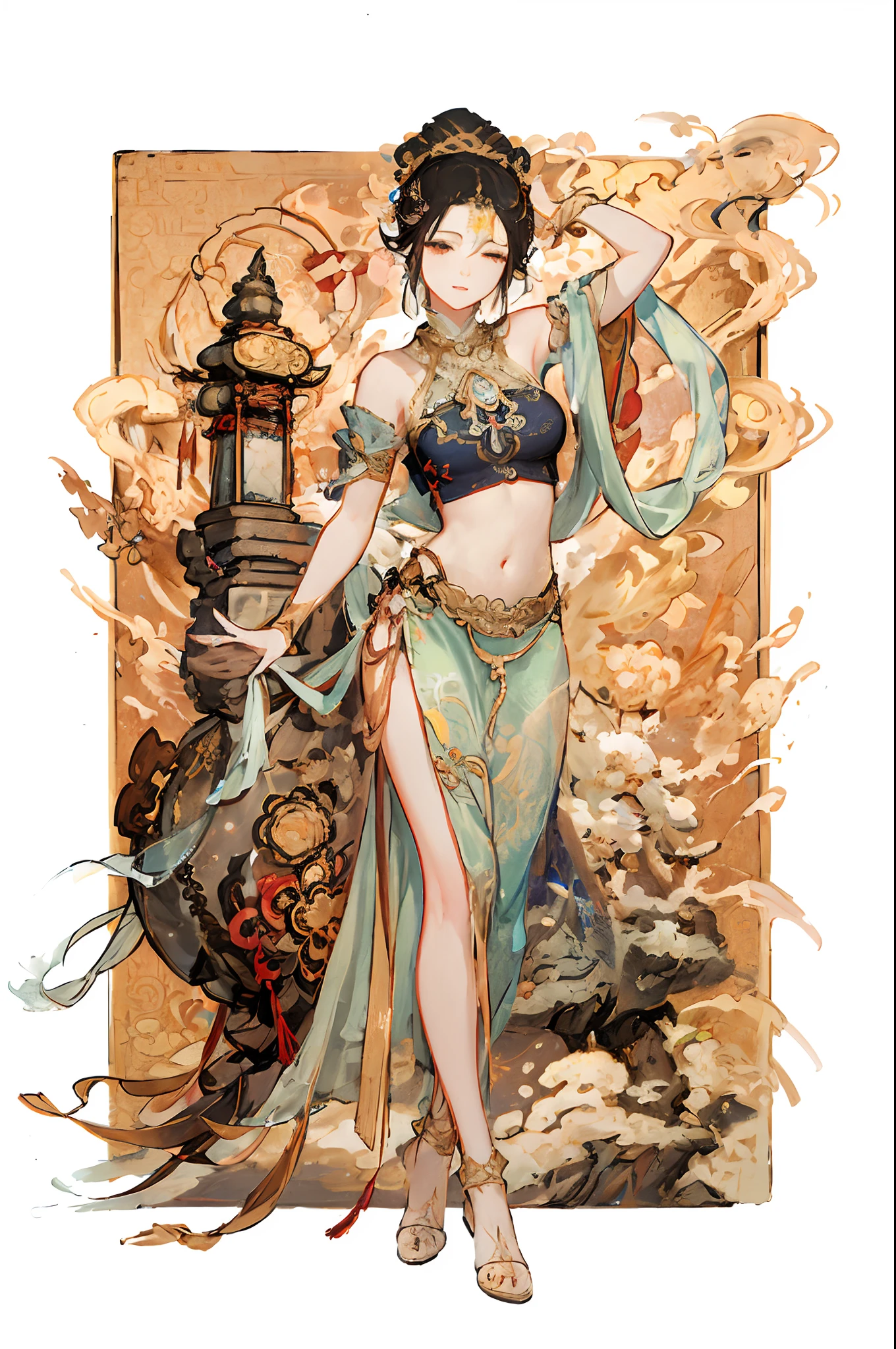 arafed image of a woman in a belly dance costume, alphonse mucha and rossdraws, by Yang J, inspired by Fenghua Zhong, full color illustration, a beautiful fantasy empress, inspired by Lan Ying, by Shen Zhou, a beautiful artwork illustration, by Qu Leilei, by Yan Hui, by Zeng Jing, by Lu Guang