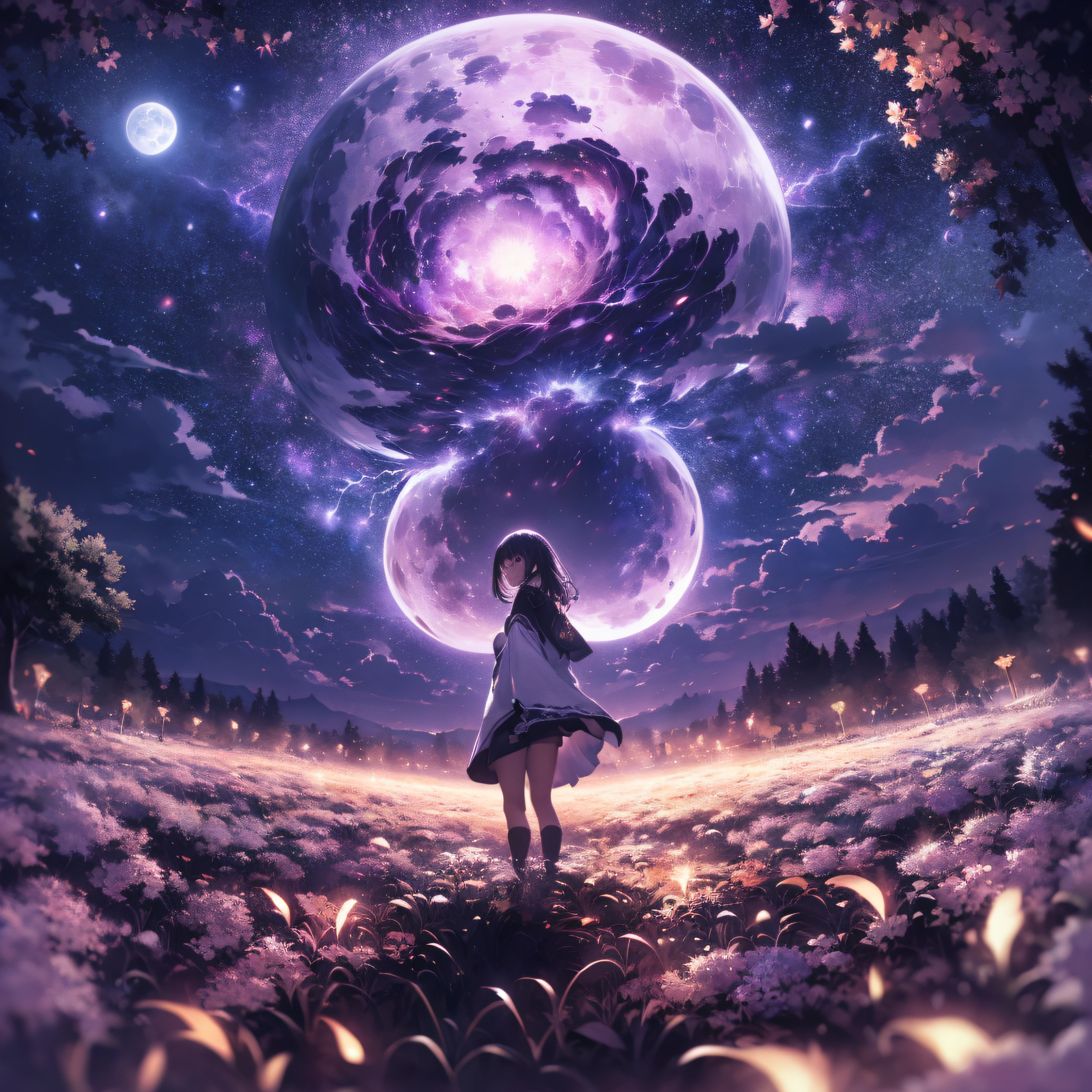 expansive landscape photograph , (a view from below that shows sky above and open field below), a girl standing on flower field looking up, (full moon:1.2), ( shooting stars:0.9), (nebula:1.3), distant mountain, tree BREAK
production art, (warm light source:1.2), (Firefly:1.2), lamp, lot of purple and orange, intricate details, volumetric lighting BREAK
(masterpiece:1.2), (best quality), 4k, ultra-detailed, (dynamic composition:1.4), highly detailed, colorful details,( iridescent colors:1.2), (glowing lighting, atmospheric lighting), dreamy, magical, (solo:1.2), raiden mei, purple hair, lightning aura.