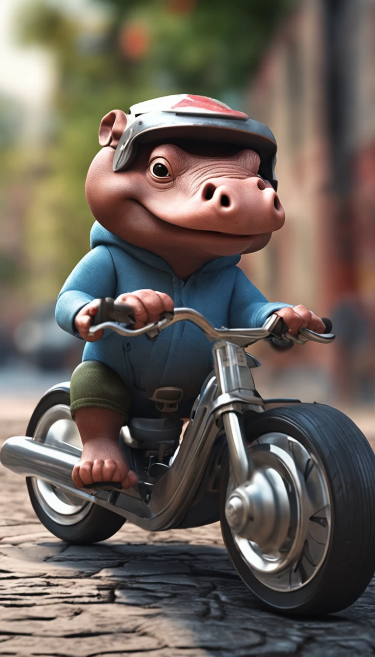 Fun and very funny hippopotamus in bike helmet! Riding a small bike. a close up of a. The background is blurred when moving. Disney Pixar cartoon. A lot of detail.