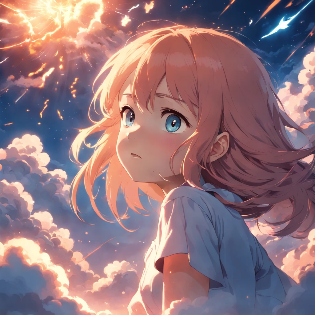 masterpiece, best quality, movie still, 1girl, cloud girl, floating in the sky, close-up, bright, happy, warm soft lighting, sunset, (sparks:0.7)