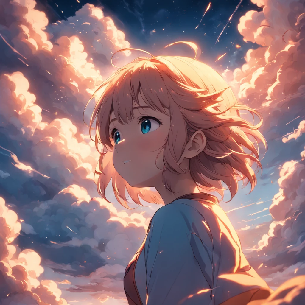 masterpiece, best quality, movie still, 1girl, cloud girl, floating in the sky, close-up, bright, happy, warm soft lighting, sunset, (sparks:0.7)