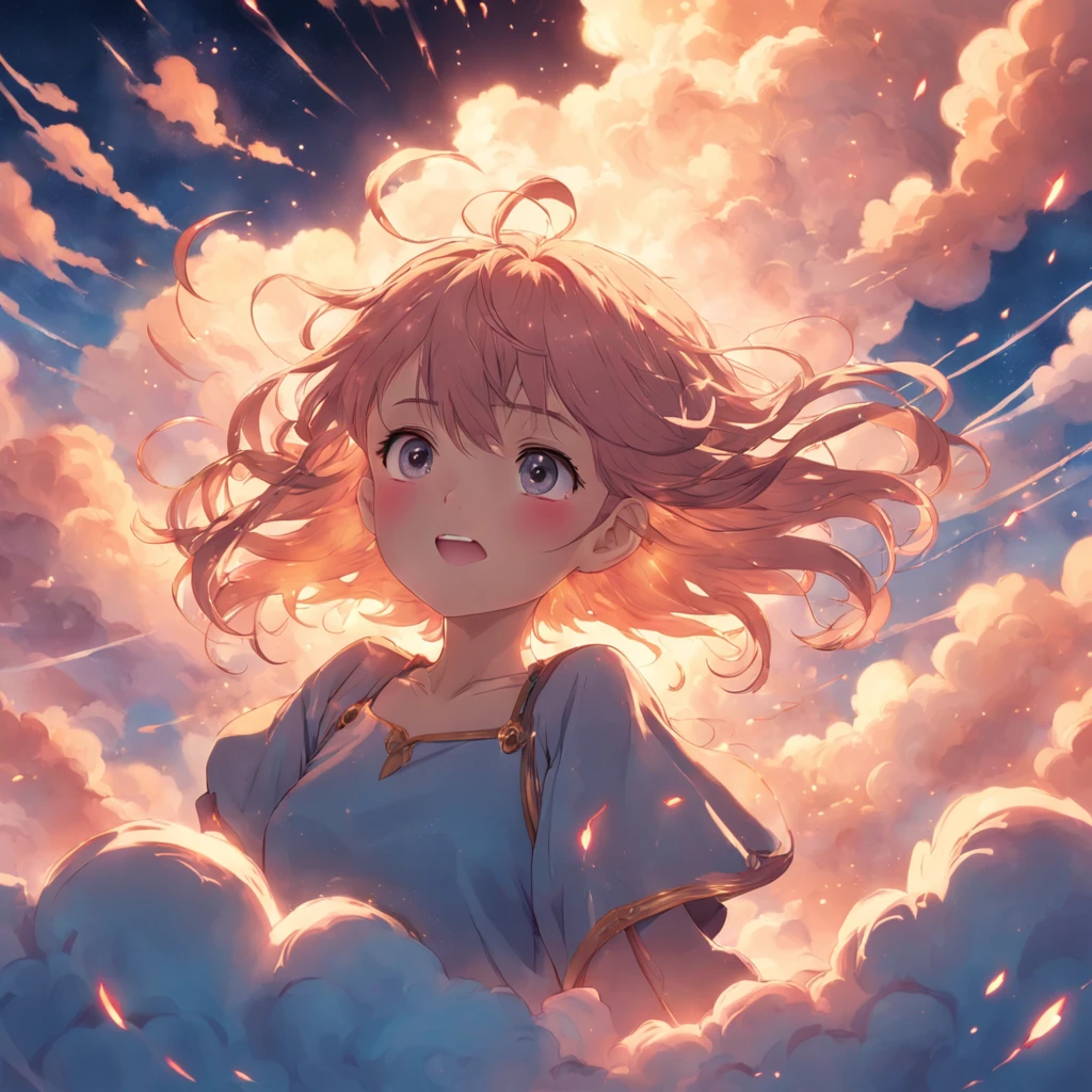 masterpiece, best quality, movie still, 1girl, cloud girl, floating in the sky, close-up, bright, happy, warm soft lighting, sunset, (sparks:0.7)