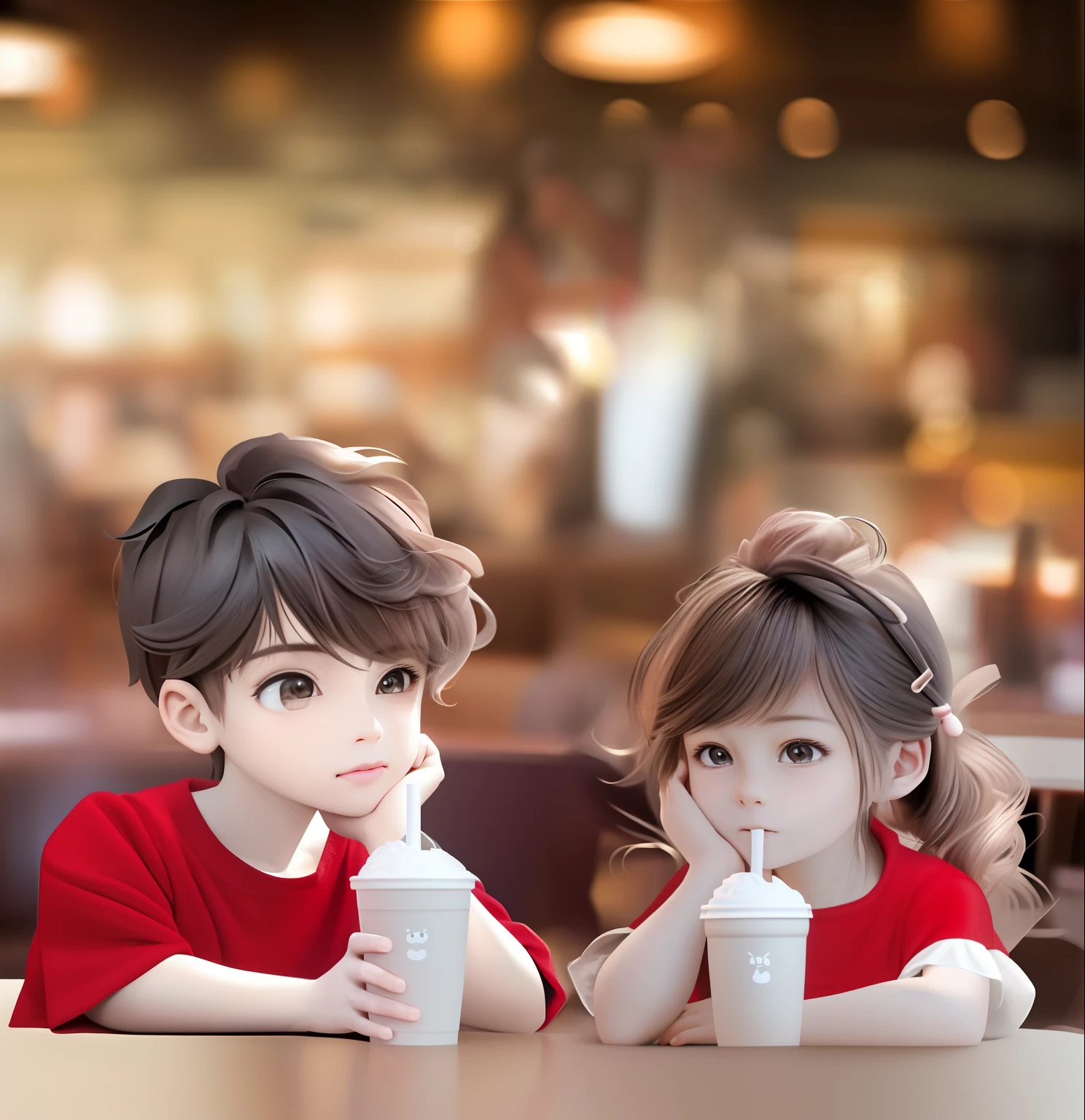 Anime couple sitting at a table，Holding a drink in your hands, lovely digital painting, adorable digital art, Boy and girl, cute couple, Cute detailed digital art, Cute cartoon, cute cute, Cute and lovely, cute 3 d render, lovely art style, Guviz-style artwork, digital art picture, Realistic cute girl painting