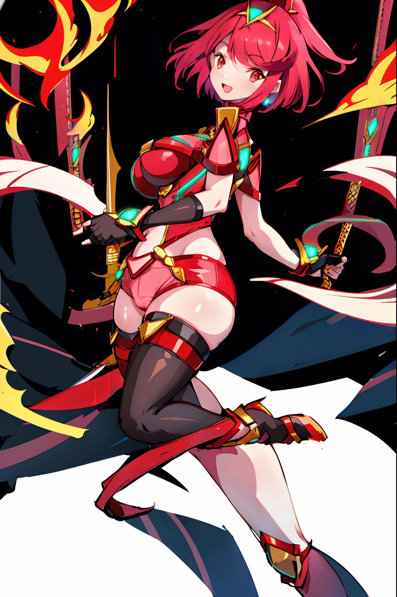 pyra \(xenoblade\), _1girl, loliarmor, bangs, black gloves, breasts, red eyes, light_open_mouth, earrings, eyelashes, fingerless gloves, floating hair, framed breasts, gem, gloves, hair ornament, headpiece, jewelry, big_breasts, leaning back, leotard, neon trim, official art, pose, red hair, red shorts, saitou masatsugu, short hair, short shorts, short sleeves, shorts, sidelocks, skin tight, solo, standing, swept bangs, thighhighs, tiara, night_prairie_background, turtleneck, underbust, vambraces, xenoblade chronicles \(series\), (xenoblade chronicles 2), (spread_legs:1.1), fire_effect,dynamic_pose,fighting,light_smile, (plump:1.4), big_ass,huge_sword, hold_large_sword_hilt, scovered_nipples, (covered_pussy:1.2),cameltoe,back_view, fists,ponytail,plump,beautiful_fingers,solo,