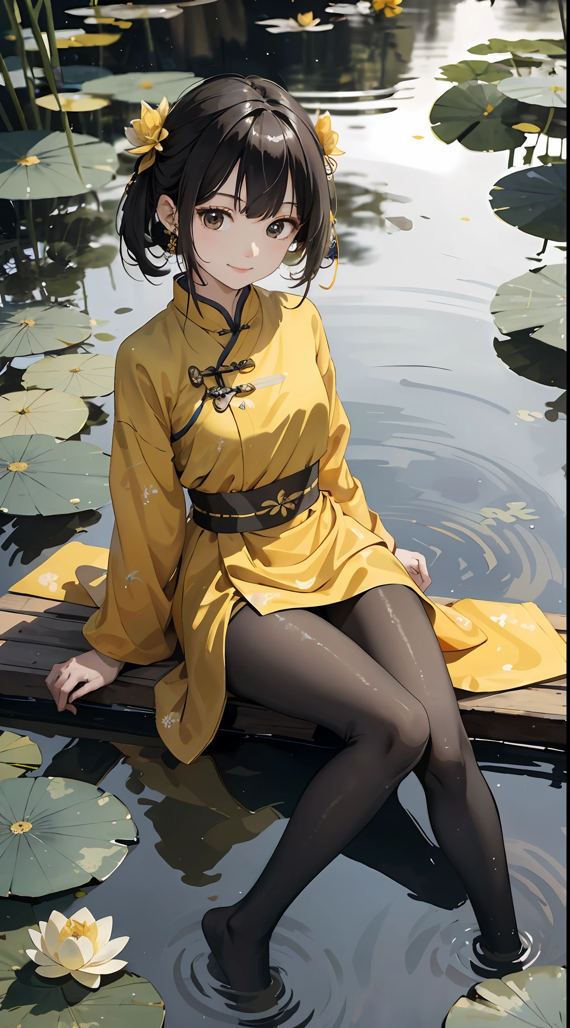 hoang lap，8K high resolution，ultra - detailed，（1girll：1.3），handpainted，Simple lines，16-year-old girl wearing golden yellow Chinese clothes and black pantyhose，beuaty girl，In the lotus pond，tmasterpiece，Sit on a plank floating in the water，Floating hair，looking toward the viewer，ssmile，posed for photo，