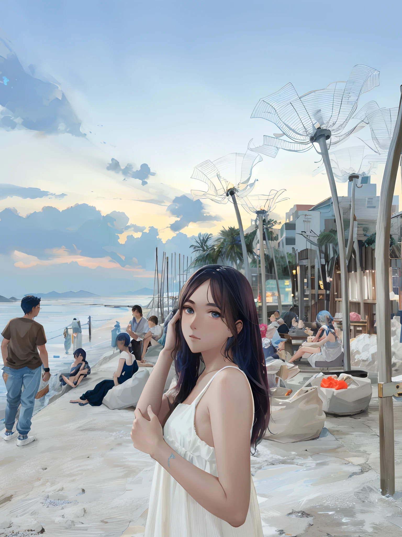 Ultra-high definition 2D art, close-up (1 woman), light blue hair, 2D animation style, soft and delicate depiction, attention also on her full-body tattoos (full-body art), landscape mode, masterpieces by Guweiz and James Jean, tattoo expert designs by CGSCOSITY, etc. A beautiful blue-haired girl who became a hot topic at the trend art station of Japan.