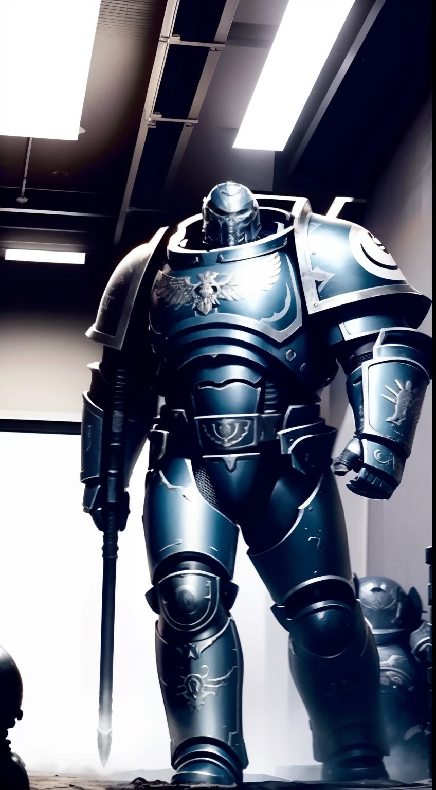 Inside the building,Silver full body armor,two meters tall,He held a black spear in his hand,Huge power armor,Burly body,Large thick armor, High detail, Realistic art style,