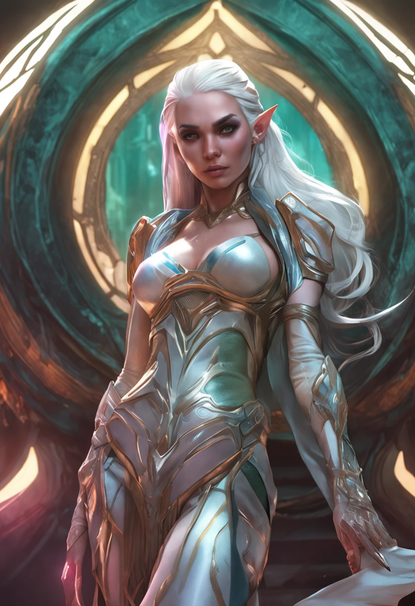 Amazingly beautiful elf woman with silver hair, Fit body, Fantasy, Convoluted, Elegant, Highly detailed, Digital Painting, art stations, Concept art, Smooth, Sharp Focus, Illustration, art by artgerm and greg rutkowski and alphonse mucha