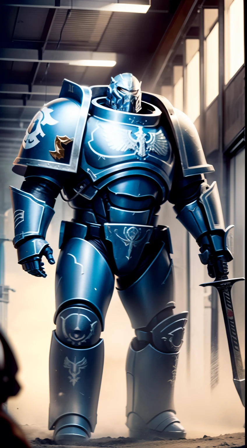 Inside the building，Silver full body armor，two meters tall，He held a black spear in his hand，Huge power armor，Burly body，Large thick armor, High detail, Realistic art style,