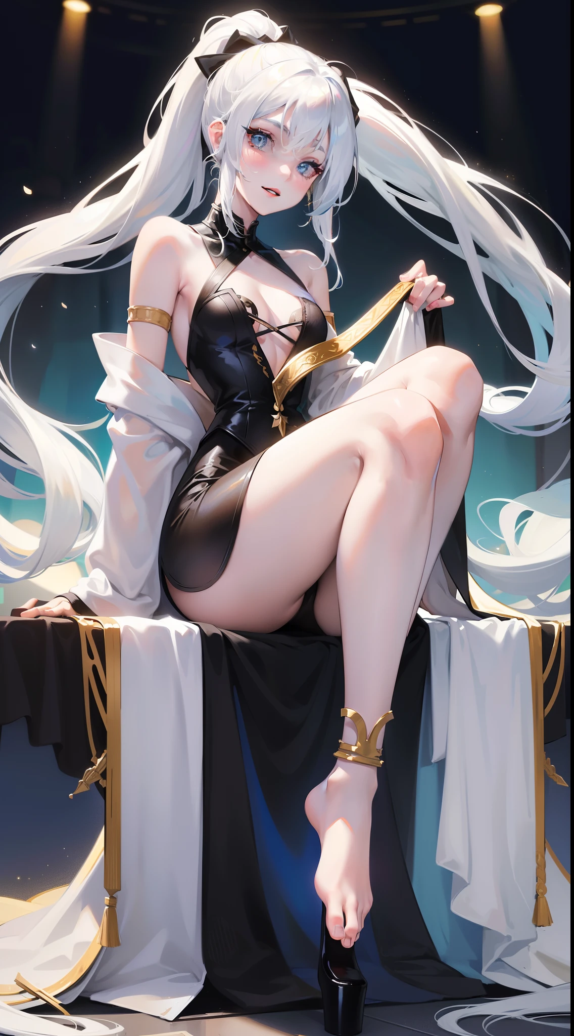 young girl, Long white hair with blue strands, blue eyes, high ponytail, Black blue dress, Gold Elements, bare back, Sits, foot on foot, ssmile, Masterpiece, hiquality