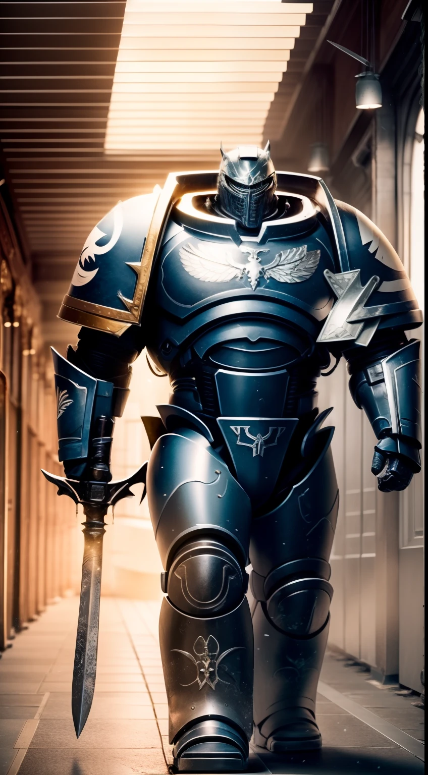 Inside the building，Silver full body armor，two meters tall，He held a black spear in his hand，Huge power armor，Burly body，Large thick armor, High detail, Realistic art style,