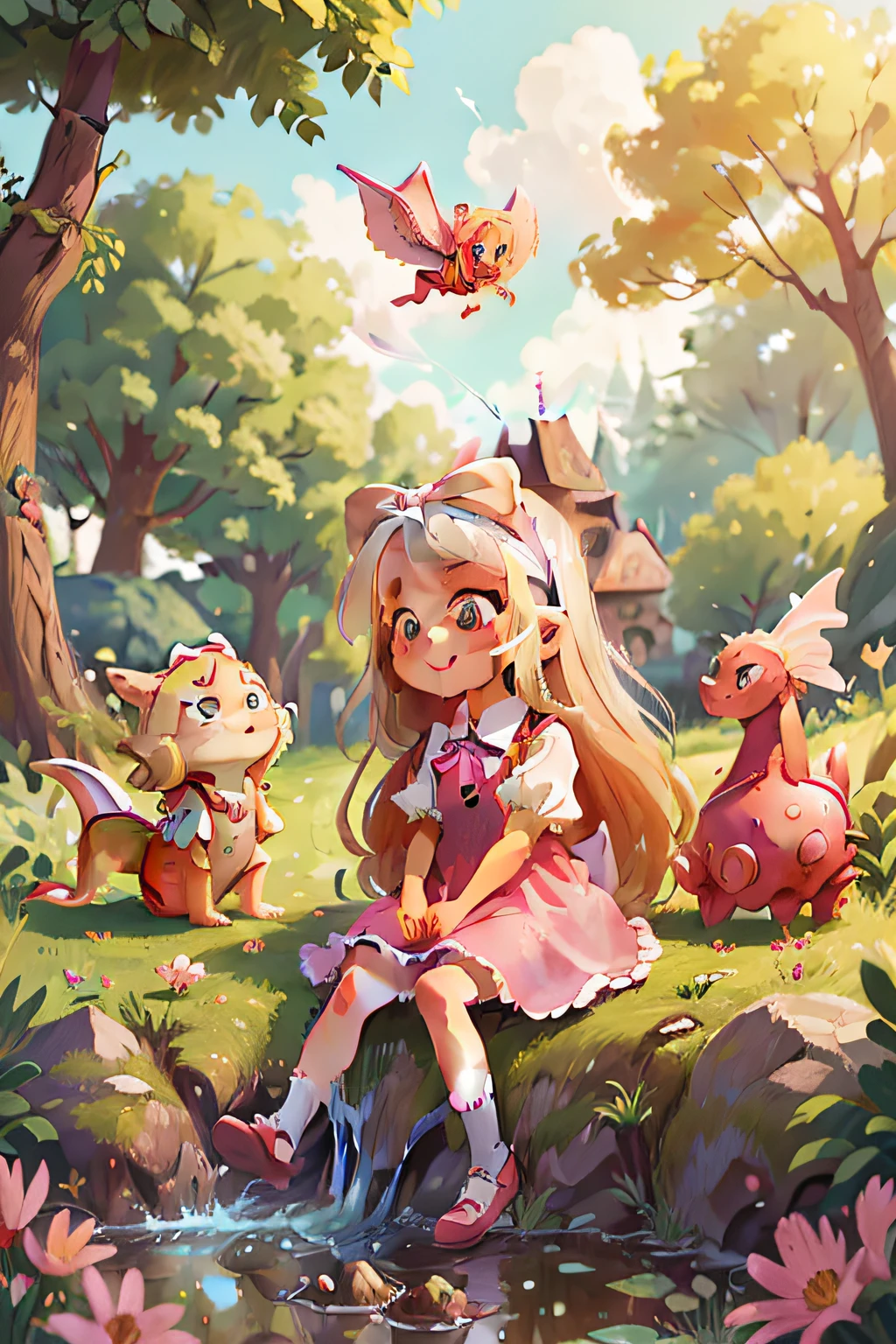 Clara is a 6 year old girl, cute, long blonde hair, perfect face, perfect eyes, happy, pink dress, bow on her head, in a garden, watching some magic dragons flying, beautiful trees and a colorful stream