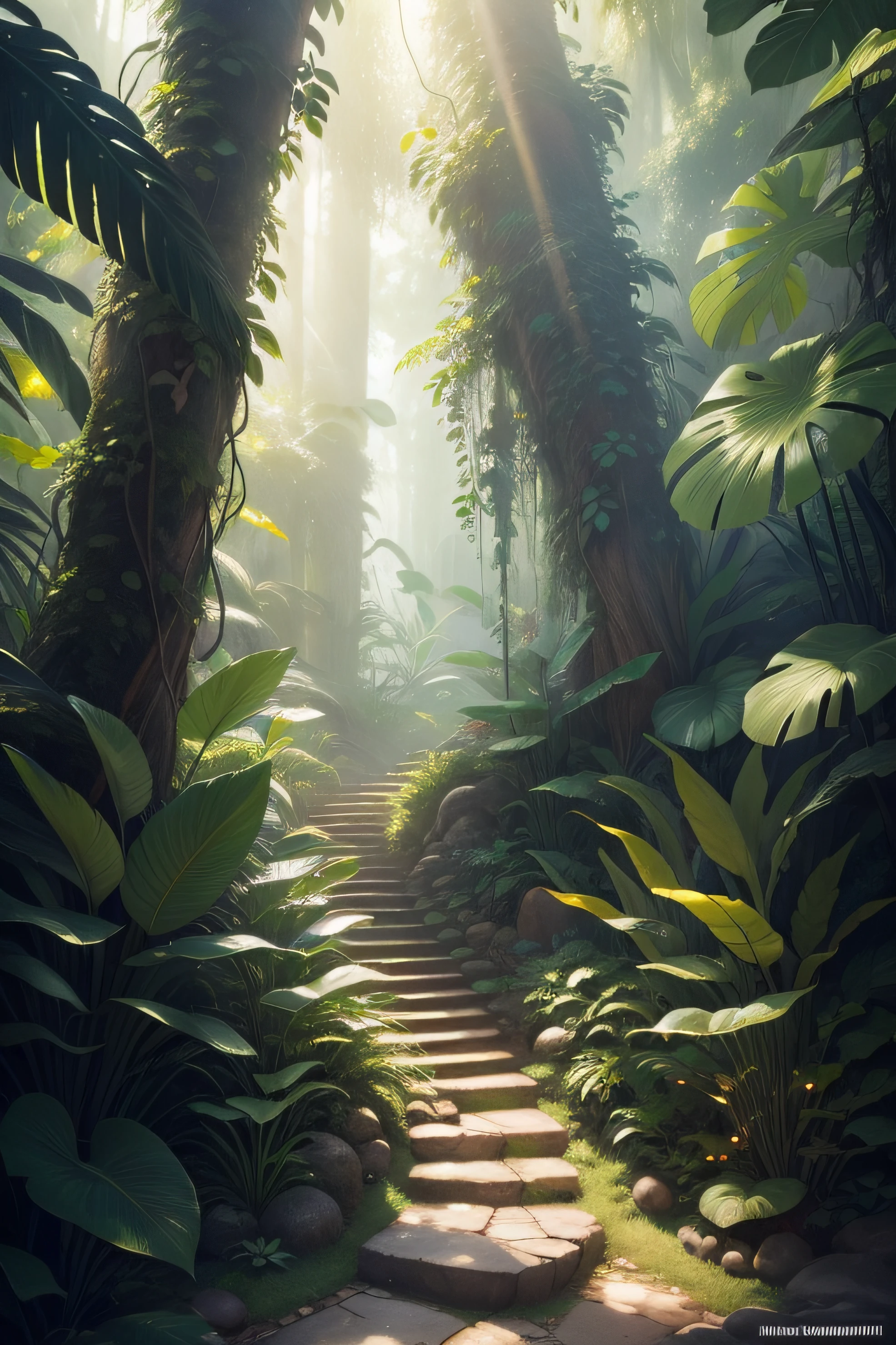 Digital illustration, detailed and intricate, of a dense jungle filled with exotic plants and animals, the sunlight filtering through the canopy creating a dappled effect. In the style of Yoshitaka Amano and Hayao Miyazaki, masterpiece, proportional, detailed, trending on artstation, beautiful lighting, realistic, intricate, award winning, 4k, highest quality