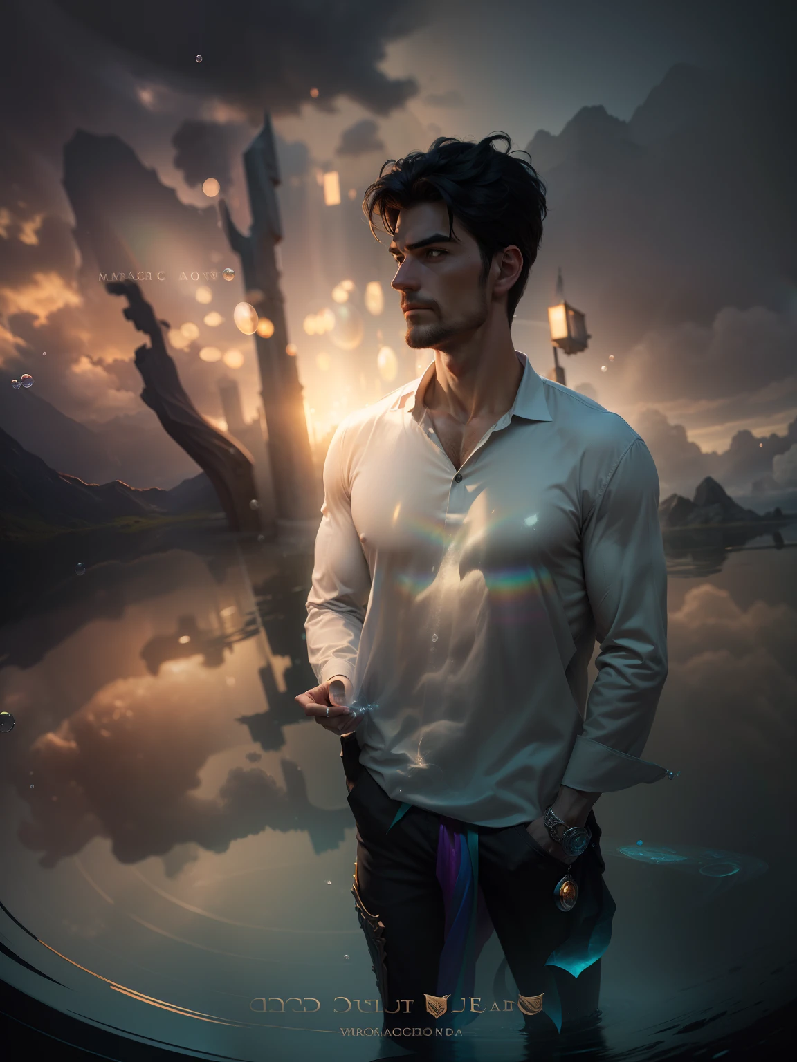 masterpiece, best quality, 1 male, adult, mature, tall muscular guy, Dark theme, Magic circle, bubble, rainbow Sunlight, Underwater, Reflected mirror, floating piece of Glass, Rainbow light, Bubble Swirling, wind Swirling, Aurora, fantasy scenery, Starlight around the character, (upper body)