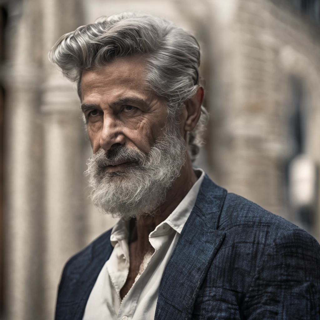 best quality, master part, ultrahigh-resolution, (fotografia realista:1.4), Surrealismo, cabelos grisalhos, 50 anos, homem, barba curta, roupas velhas, cidade, noite, lunar illumination