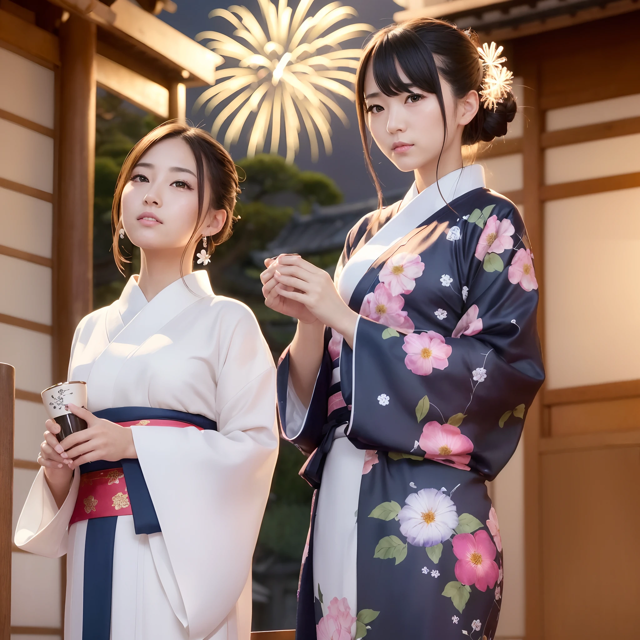 (2 Japan girls in yukata: 1.4), sweaty 4k, smile, (full body), open mouth, (yukata: 1.4), Japan loli posing for two, Japan loli wearing yukata, fireworks display, date for two, mini yukata opened, mini yukata about to be taken off, fireworks display by the lake, sensual pose, ((translucent body, smooth translucent white skin: 1.6)),, opporo potion, Sakimi-chan HDRI, Background Bokeh, Background Gradient, Black-Haired Japan, (Photorealistic: 1.4), (8k, RAW Photo: 1.2), (HDR: 1.2), (Shallow Focus: 1.4), (Sharp Focus: 1.4), ((A Girl Has Her Breasts Grabbed by a Girl:1.4)),(Firework Cascade:1.4)