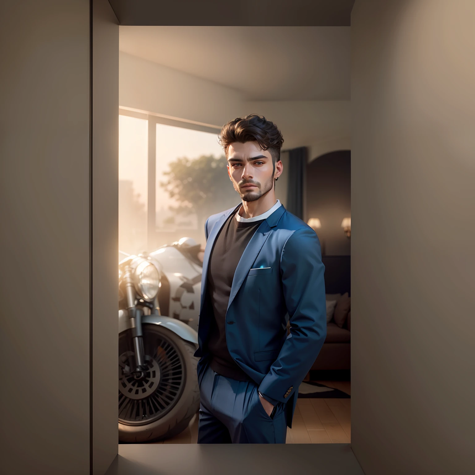 A man changed to beautiful interior wearing suit and pant RAW and classy look (100% eyes details) raw (100%face details) hyper realistic image Moode tone ultra masterpiece image 10000% really face highly detailed in eyes (natural eyes detailed)