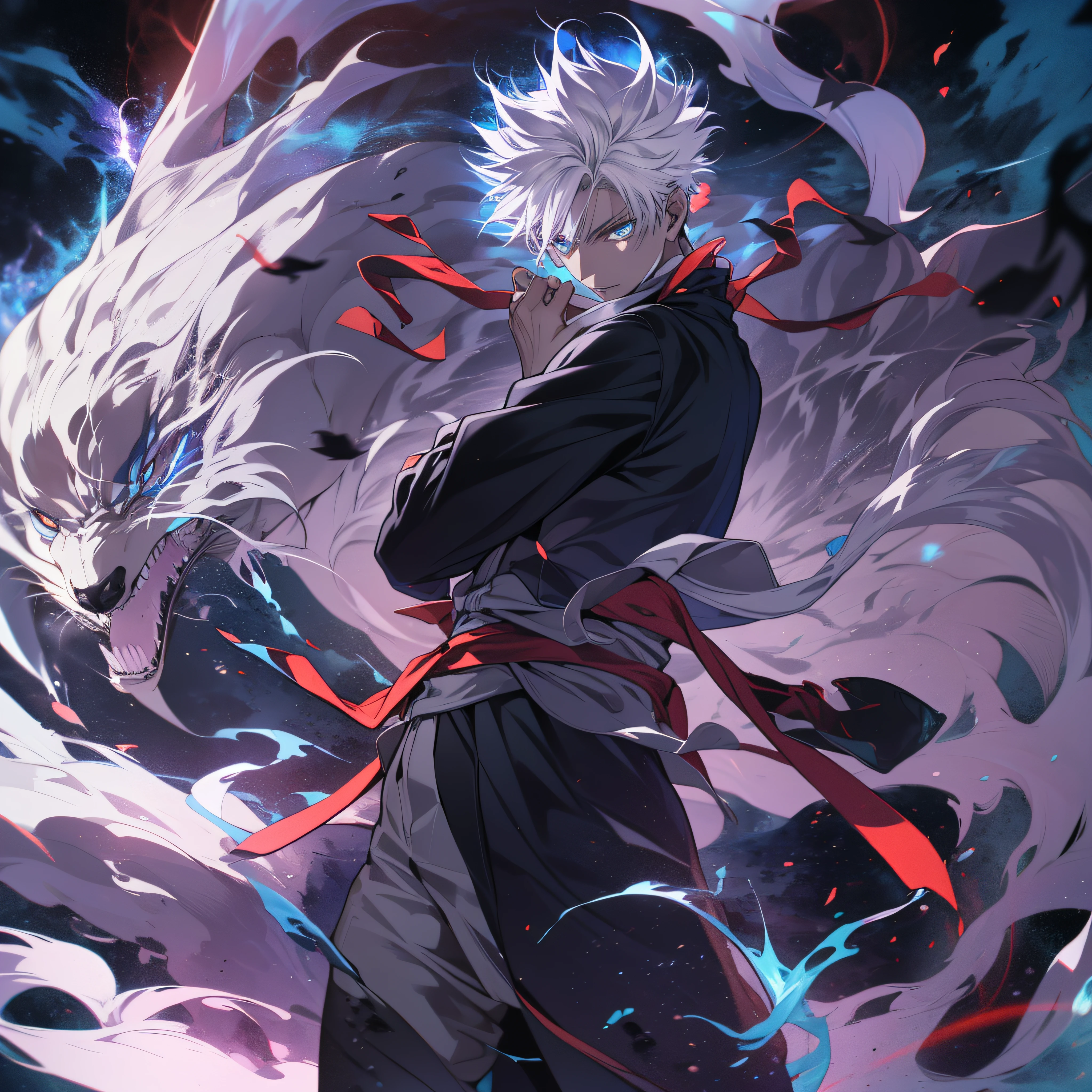 ((High detail、Cinematic lighting))、Messy white hair、Aquamarine eyes、White lashes、god rays、Ray tracing、drop shadow、optical illusion、Haut du corps、Looking at the camera、Masterpiece、((Super Detail、Best Quality、8K))、Jujutsu Kaisen、Gojo Gojo、Black attire、Surgical unfolding、Perfect jet black background、serene look、powerful being、Mystical atmosphere、(Strange moonlight、ominous shadows、 Intense blue aura、 Intense red aura、Symbol of the power that surrounds him、Radiating magical energy、Mystical artifacts、Ether particles、dinamic pose、Epic power.