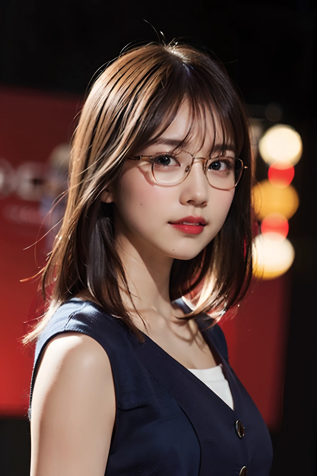 (8K、Raw photography、top-quality、masterpiece:1.2)、(realisitic、Photorealsitic:1.37)、ultra-detailliert、超A high resolution、女の子1人、see the beholder、beautifull detailed face、Smile、Constriction、(Slim waist) :1.3)、Wearing a high school uniform、Beautiful detailed skin、Skin Texture、Floating hair、Professional Lighting、Performing on stage、Black-rimmed square glasses、Whole human body、Brown hair