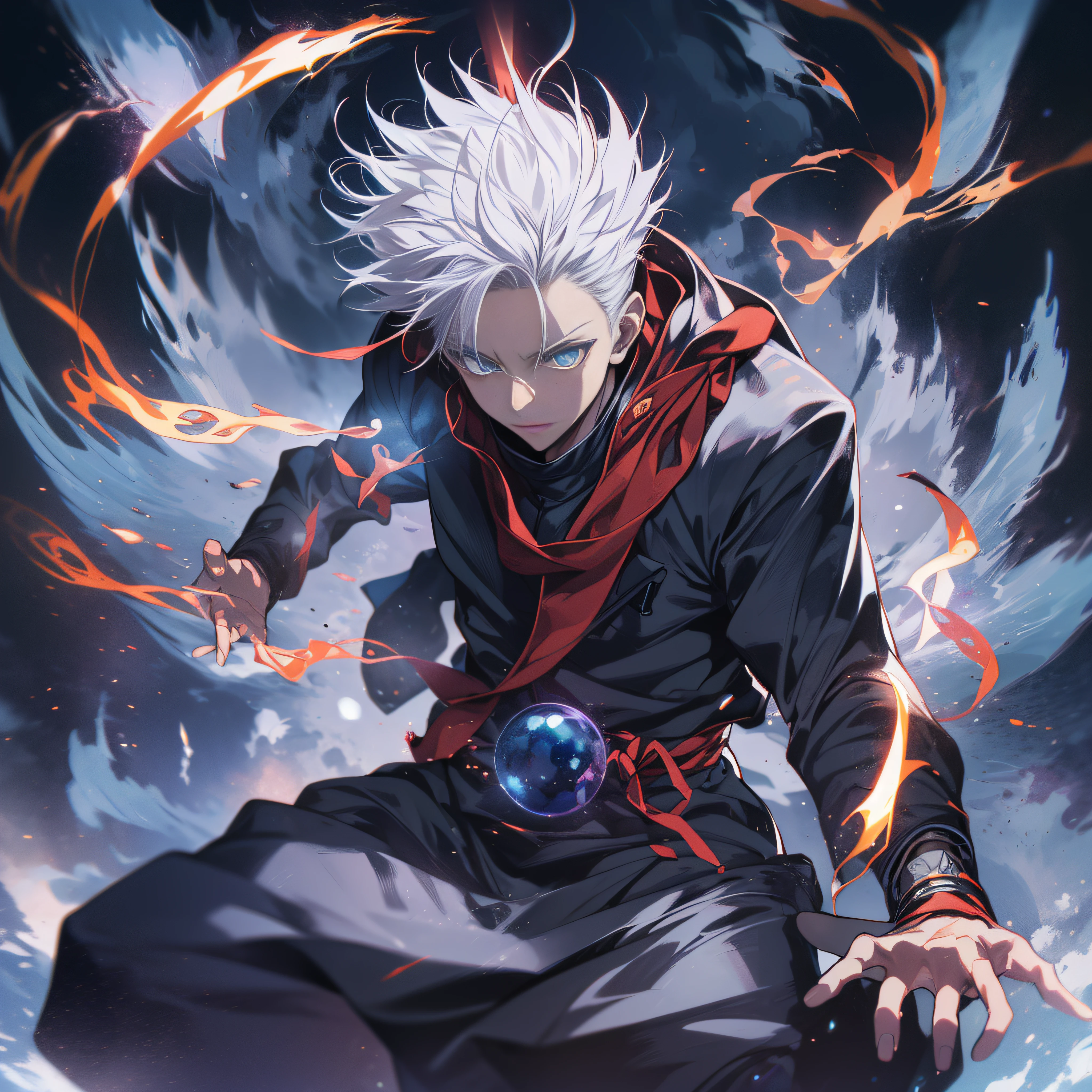 ((High detail、Cinematic lighting))、Messy white hair、Aquamarine eyes、White lashes、god rays、Ray tracing、drop shadow、optical illusion、Haut du corps、Looking at the camera、Masterpiece、((Super Detail、Best Quality、8K))、Jujutsu Kaisen、Gojo Gojo、Black attire、Surgical unfolding、Perfect jet black background、serene look、powerful being、Mystical atmosphere、(Strange moonlight、ominous shadows、 Intense blue aura、 Intense red aura、Symbol of the power that surrounds him、Radiating magical energy、Mystical artifacts、Ether particles、dinamic pose、Epic power.