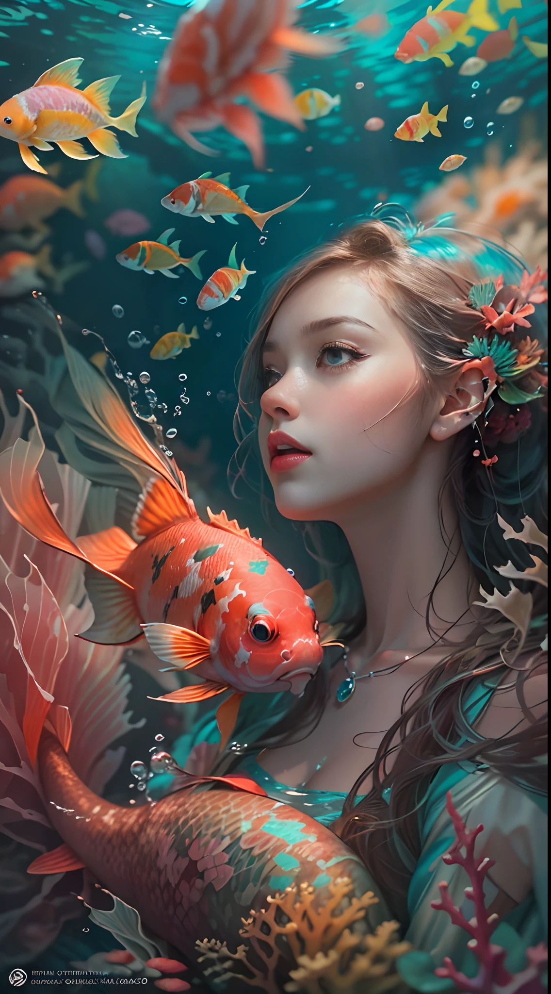 ModelShoot style, (Extremely detailed Cg Unity 8K wallpaper), A chaotic storm of intricate liquid smoke in the head, Stylized abstract photo of mermaid girl, wetted skin,Koi，Beautiful koi，Flocks of koi,carp，Strange shaped corals，ocean floor，Beautiful coral reef in the background，Rochas,Marine life，colorful coral reef,Decorate with coral reefs,author：Petros Afshar, ross tran, tom whalen, Peter Mohrbacher, Art germ, ((bubbly underwater scenery)) Radiant light octane rendering is highly detailed, inspired by Yanjun Cheng, Beautiful digital artwork, Guviz-style artwork, 8K highly detailed digital art, Beautiful digital illustration, Cute detailed digital art, stunning digital illustration, A beautiful artwork illustration, Exquisite digital illustration,8K detailed digital art,
Warming up