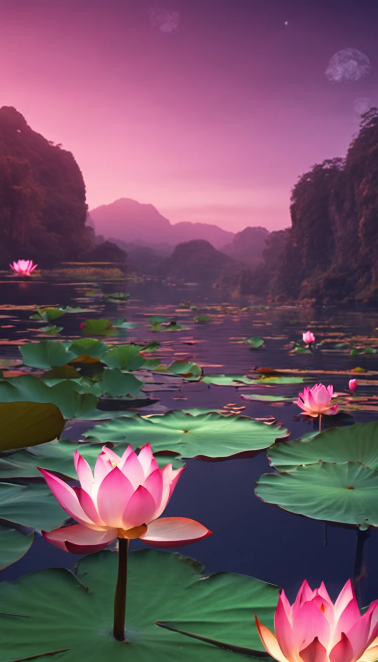 Masterpiece, exquisite, beautiful scenery deep in the lotus pond, (colourful, vivid, sunny, cool light: 1.2) lotus leaves in the pond. high quality high quality