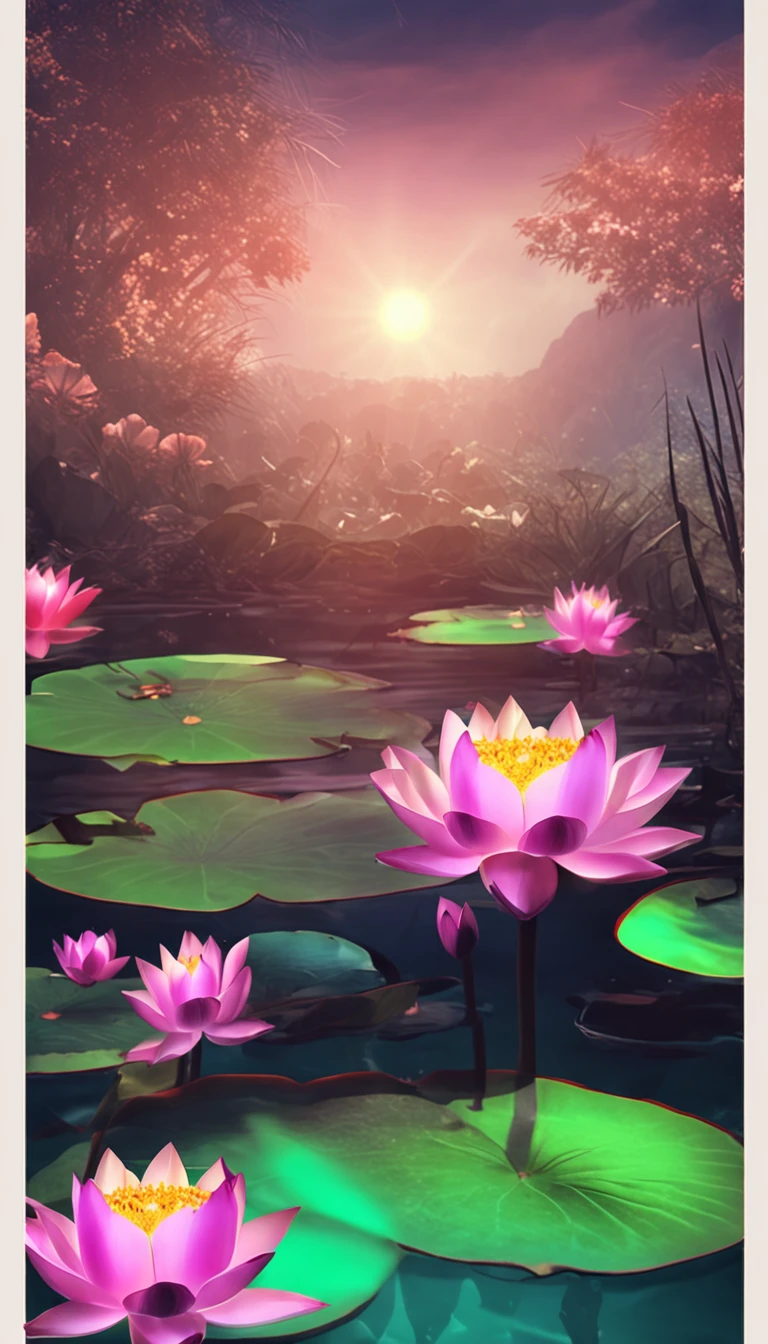 Masterpiece, exquisite, beautiful scenery deep in the lotus pond, (colourful, vivid, sunny, cool light: 1.2) lotus leaves in the pond. high quality high quality