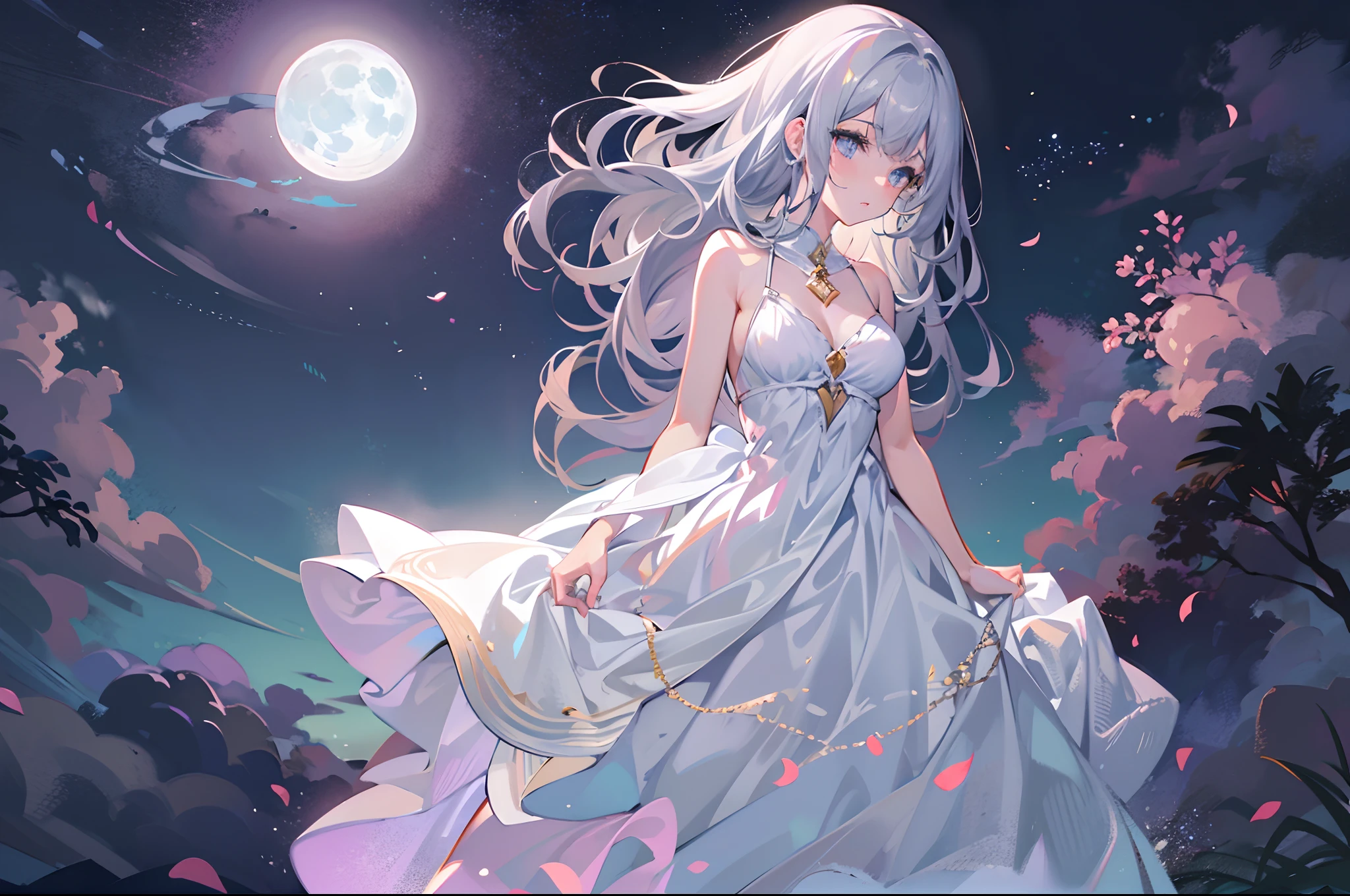 1girl, solo, super fine illustration, an extremely delicate and beautiful woman, medium breasts, ultra detailed white dress, sleeveless dress, zoomed out, dreamlike art, ultra detailed landscape, best quality, silver hair, short hair, blue eyes, horns, cute, lovely, elegant, moon surface, moonlight, dazzling, radiant, sparkling, magical, dreamy, enchanting, ethereal, mystical, otherworldly.