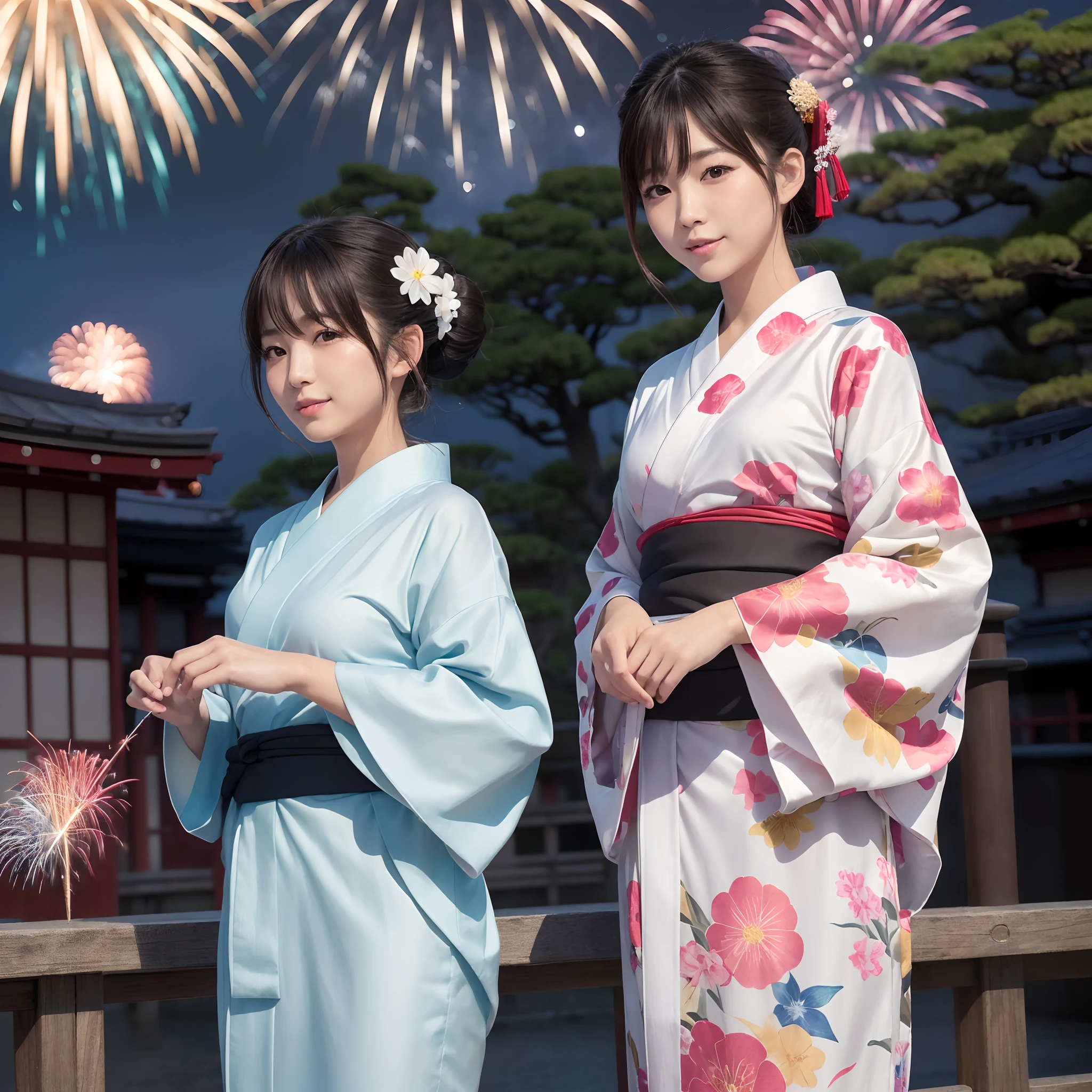 (in 8K、RAW Photos、top-quality、masterpiece:1.2)、(realisitic、Photorealsitic:1.37)、ultra-detailliert、超A high resolution、lighting like a movie、(((Beautiful Japan woman looking up at fireworks)))、a smile、woman wearing the kimono、classy yukata clothing、Wearing a colorful yukata、Wearing a kimono、japanese kimono、wearing a haori、Yukata with morning glory pattern、Have a yoyo、Have a fan、dynamic ungle、动态照明