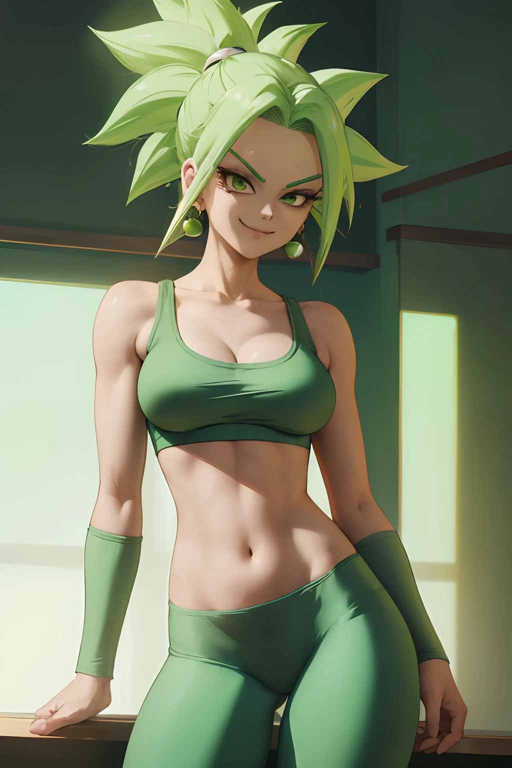 (best quality, masterpiece), green hair, green earrings, yoga pants, yoga bra, skin tight, toned, smug, smirk, kefla, thin waist, backlight,