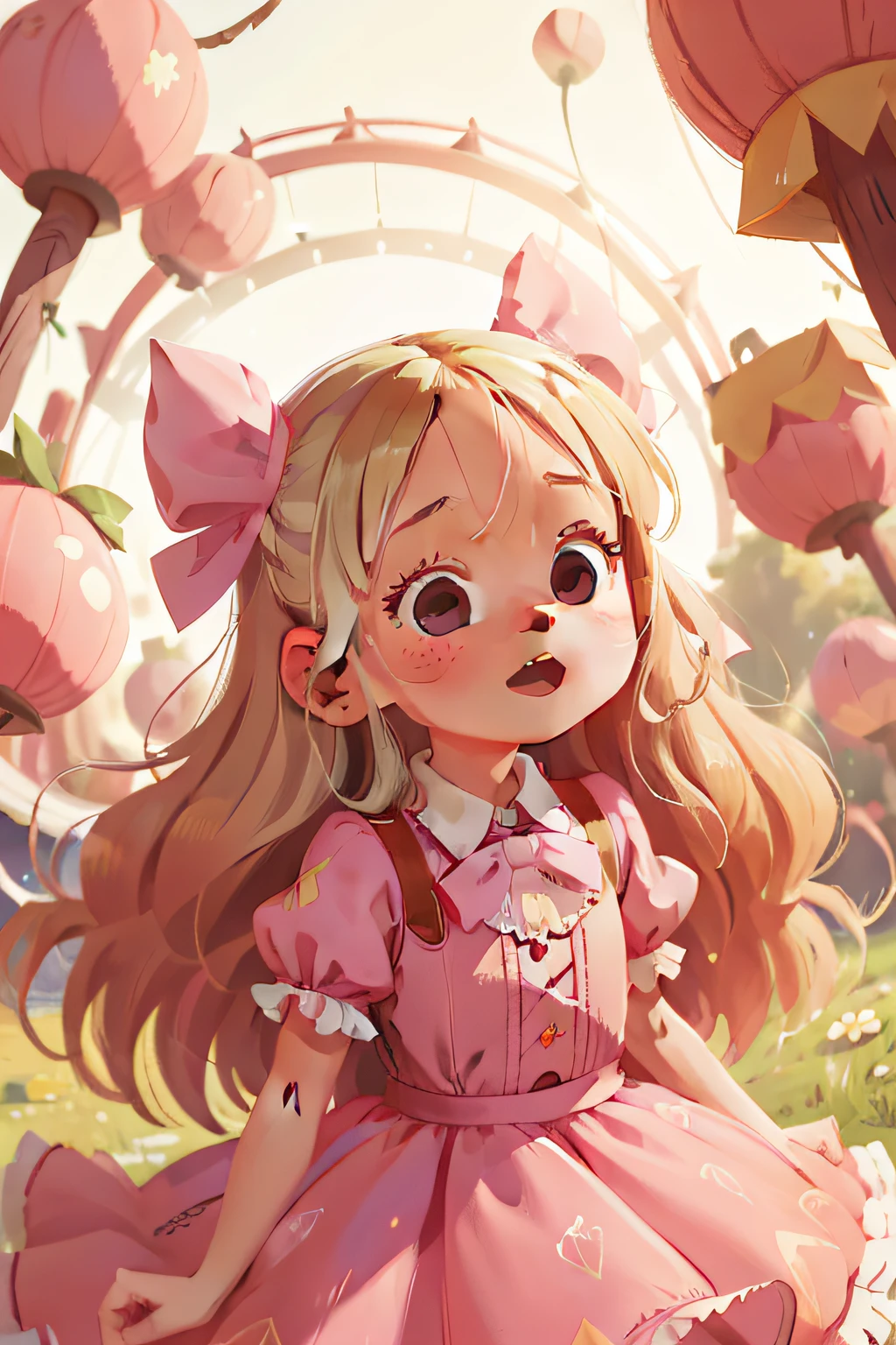 Clara is a 6 year old girl, cute, long blonde hair, perfect face, perfect eyes, happy, pink dress, bow on her head, happy, in an amusement park