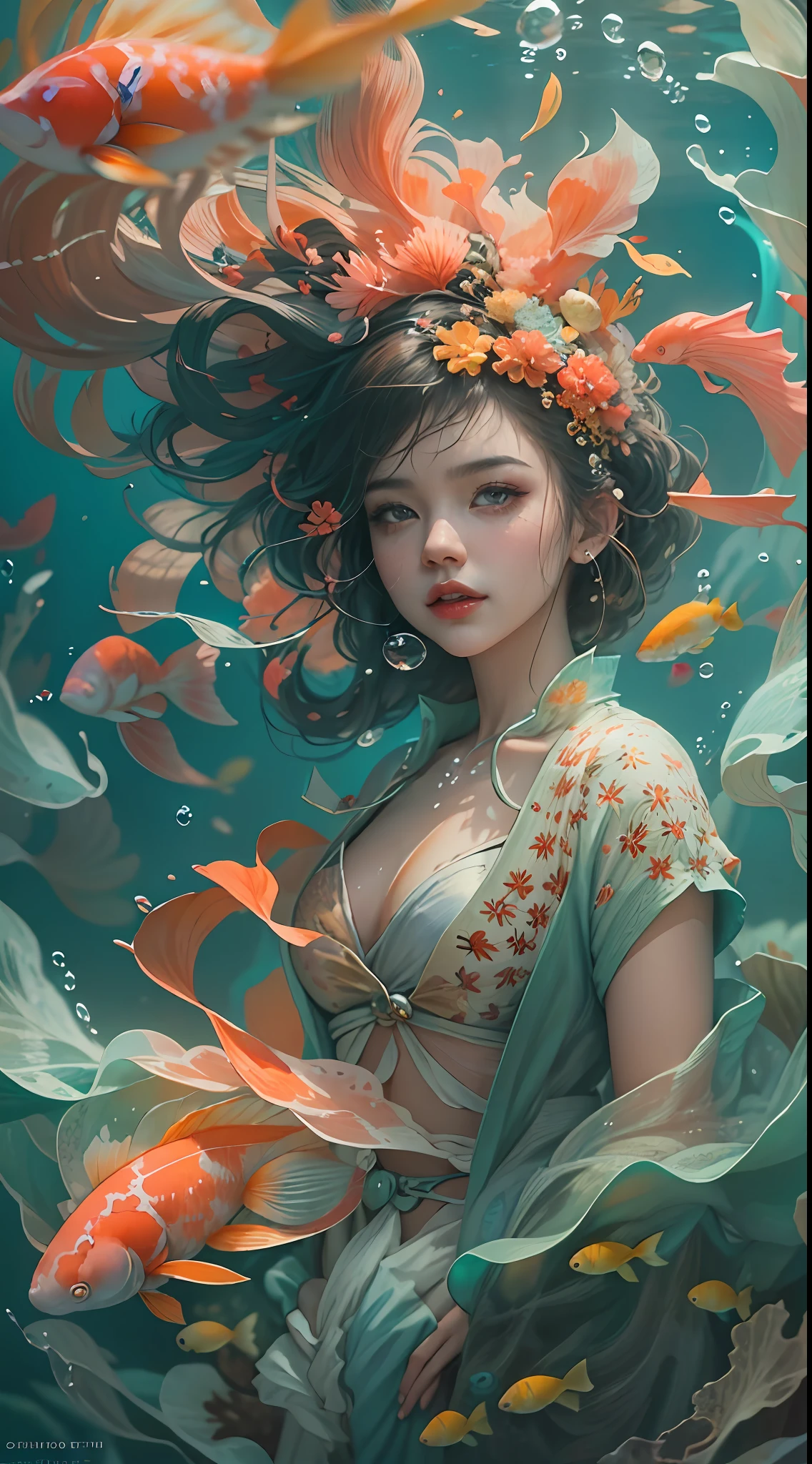 ModelShoot style, (Extremely detailed Cg Unity 8K wallpaper), A chaotic storm of intricate liquid smoke in the head, Stylized abstract photo of beautiful girl, wetted skin,Koi,Beautiful koi,Flocks of koi,carp,Strange shaped corals,ocean floor,Beautiful coral reef in the background,Rochas,Marine life,colorful coral reef,Decorate with coral reefs,author:Petros Afshar, ross tran, tom whalen, Peter Mohrbacher, Art germ, ((bubbly underwater scenery)) Radiant light octane rendering is highly detailed, inspired by Yanjun Cheng, Beautiful digital artwork, Guviz-style artwork, 8K highly detailed digital art, Beautiful digital illustration, Cute detailed digital art, stunning digital illustration, A beautiful artwork illustration, Exquisite digital illustration,8K detailed digital art,