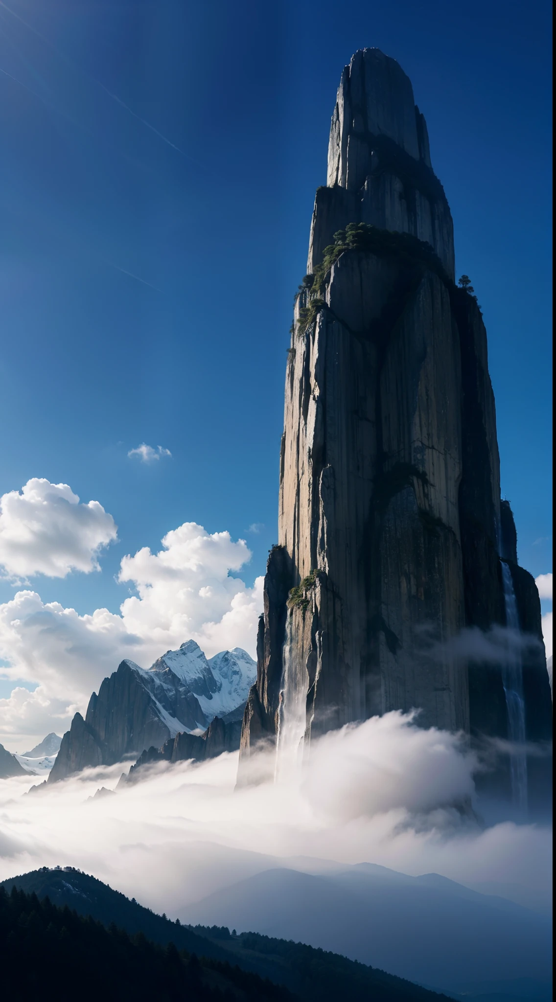 Pristine Mountains,down view,A huge stone towering into the clouds,k hd
