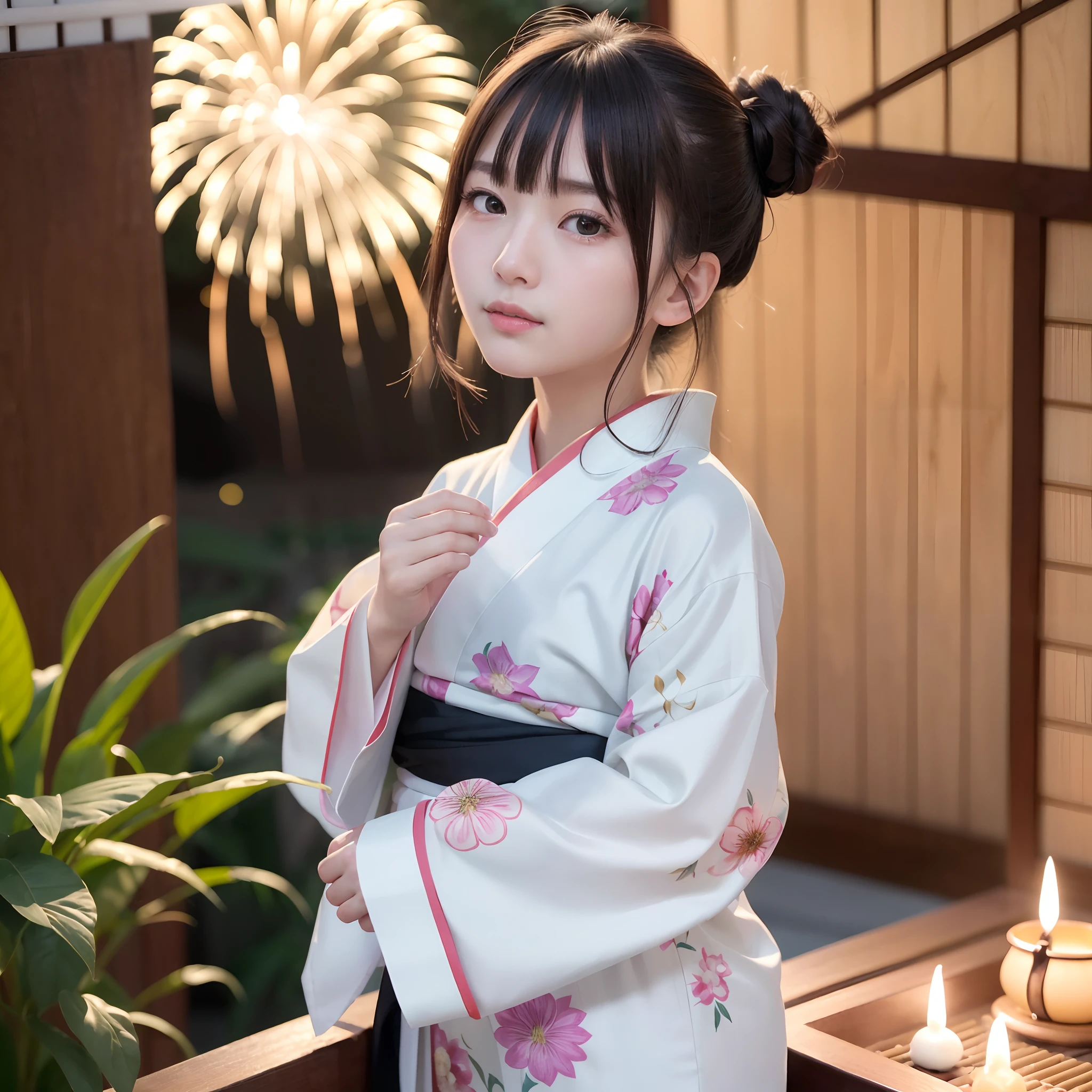(in 8K、RAW Photos、top-quality、​masterpiece:1.2)、(realisitic、Photorealsitic:1.37)、ultra-detailliert、超A high resolution、lighting like a movie、(((Beautiful Japan woman looking up at fireworks)))、a smile、woman wearing the kimono、classy yukata clothing、Wearing a colorful yukata、Wearing a kimono、japanese kimono、wearing a haori、Yukata with morning glory pattern、Have a yoyo、Have a fan、dynamic ungle、动态照明