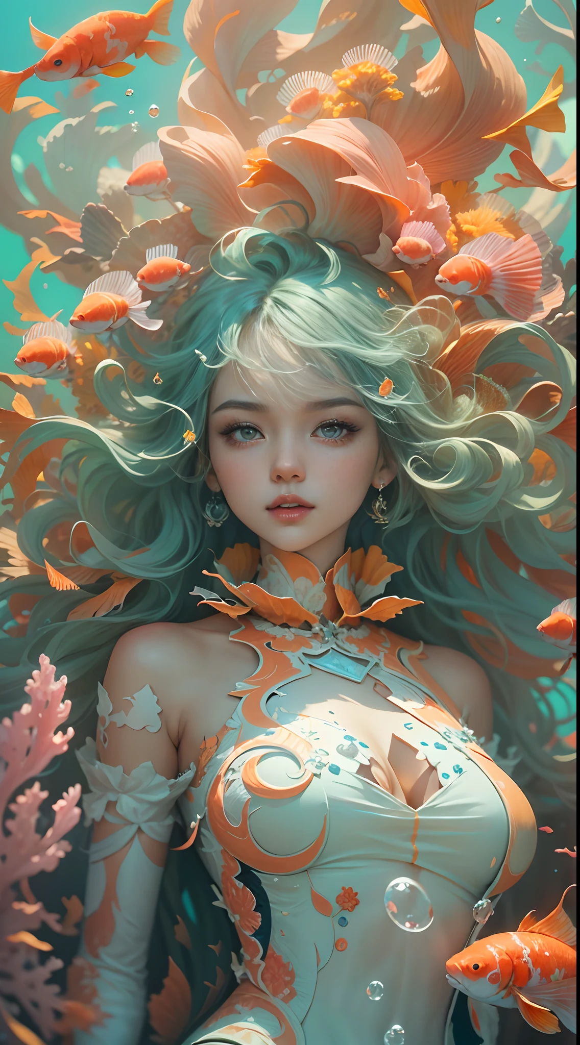 ModelShoot style, (Extremely detailed Cg Unity 8K wallpaper), A chaotic storm of intricate liquid smoke in the head, Stylized abstract photo of beautiful girl, wetted skin,Koi，Beautiful koi，Flocks of koi,carp，Strange shaped corals，ocean floor，Beautiful coral reef in the background，Rochas,Marine life，colorful coral reef,Decorate with coral reefs,author：Petros Afshar, ross tran, tom whalen, Peter Mohrbacher, Art germ, ((bubbly underwater scenery)) Radiant light octane rendering is highly detailed, inspired by Yanjun Cheng, Beautiful digital artwork, Guviz-style artwork, 8K highly detailed digital art, Beautiful digital illustration, Cute detailed digital art, stunning digital illustration, A beautiful artwork illustration, Exquisite digital illustration,8K detailed digital art,